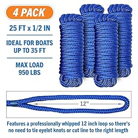 Boat Dock Lines, 1/2 Inch Braided Nylon Rope, 25 ft Mooring Marine Docking Lines with Loop, Royal Blue, 4 Pack