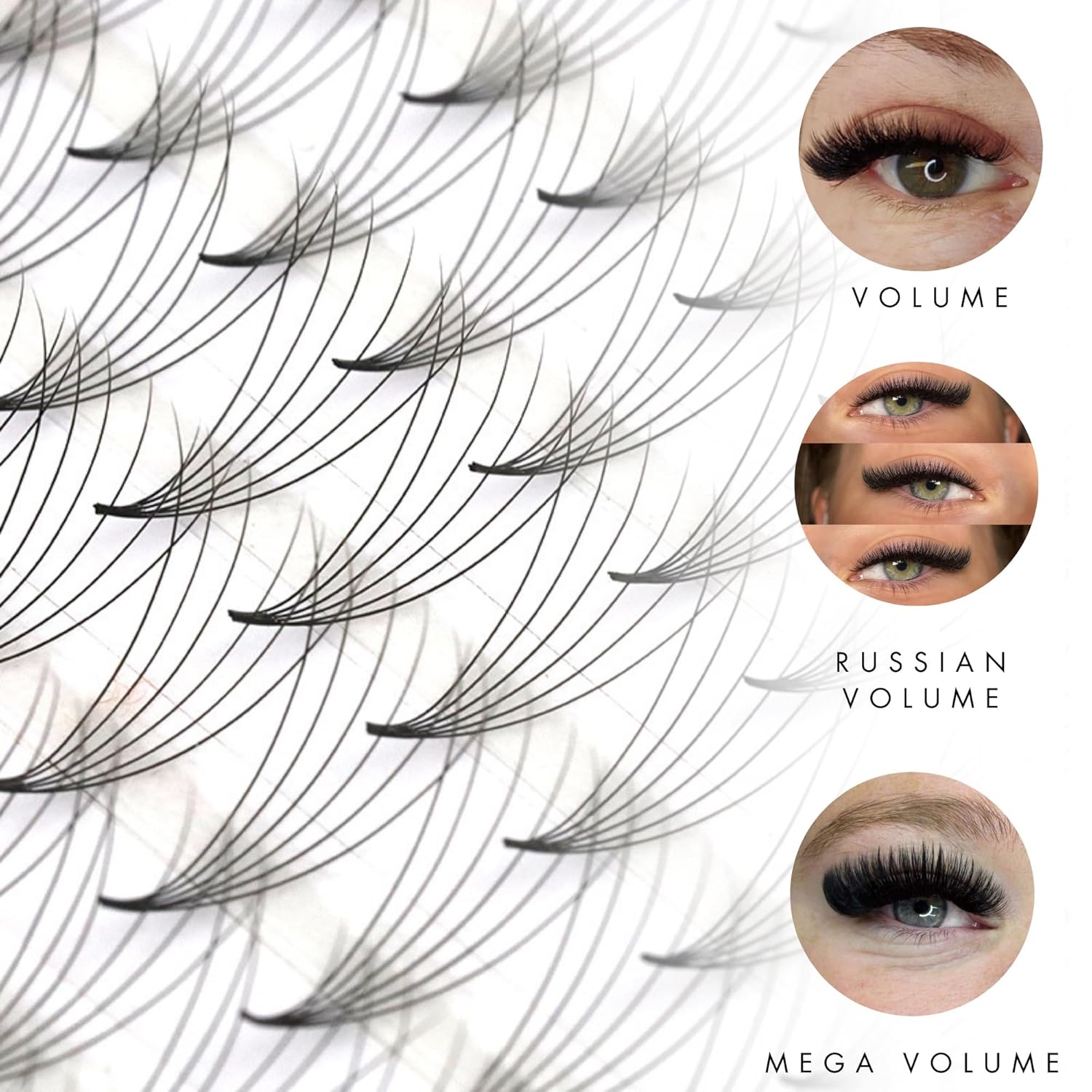 6D | C curl | 1200 Premade volume fans eyelash extension | 8 sizes-in-1 round mixed box | Includes lengths from 9mm-16mm | C, CC, D & L curl | 0.07 | For professional lash artists (C curl)