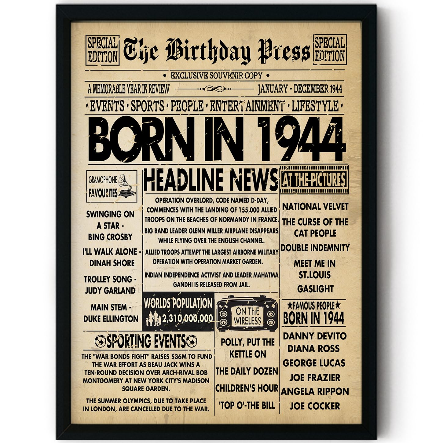 Stuff4 Women's 1944 82Nd Birthday Poster Framed - Born In Vintage Newspaper - Happy 82Nd Birthday Gifts For Men Retro Back In 8X10 Inch Decor Decoration Bday Party