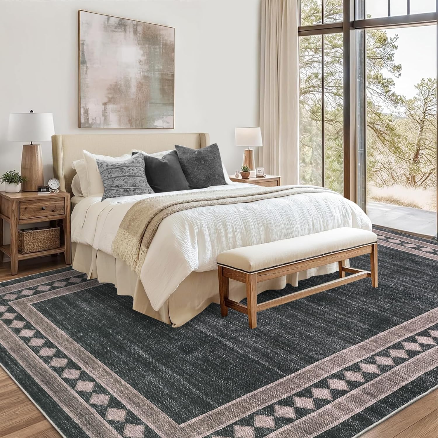 Washable Area Rugs for Living Room Modern Solid Bordered Soft Geometric Carpet - Picture 39 of 108