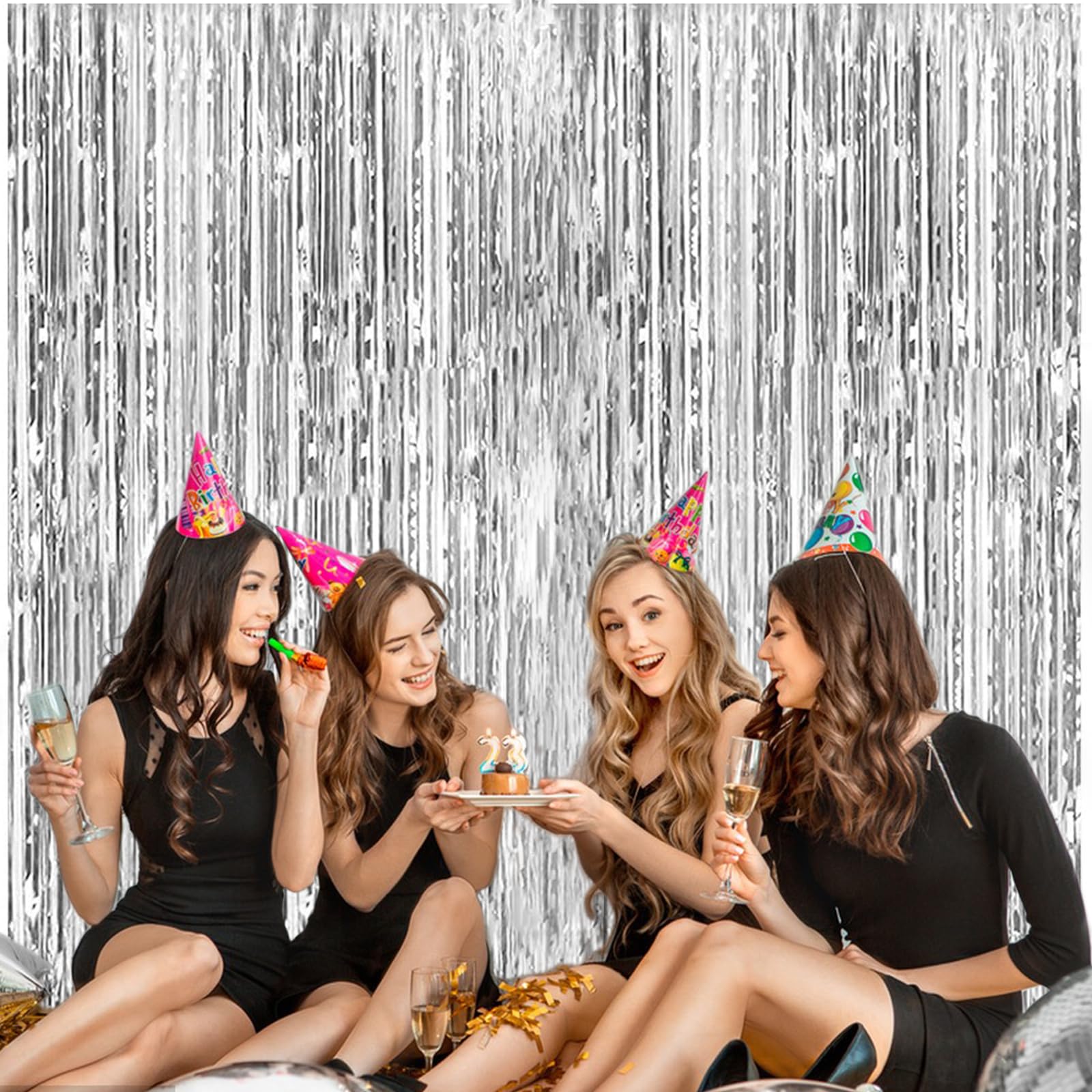 Metallic Fringe Curtain Backdrop, 3.3 x 66 Feet, 2-Pack, Party Photo Booth Decoration (Silver)