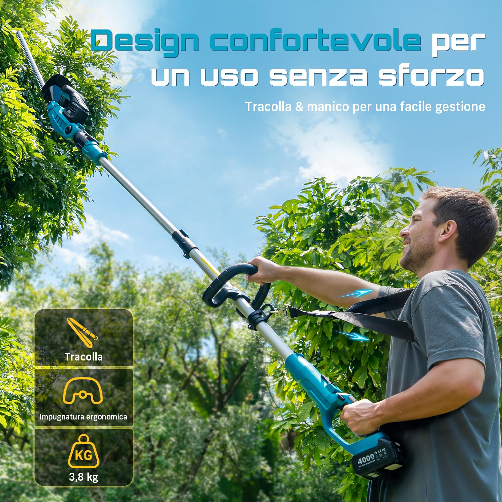 SEESII Tagliasiepi Telescopico a Batteria 2 in 1, Tagliasiepi a Batteria con Lama Doppia da 53 cm, Lunghezza Regolabile fino a 2,6 m, Taglio 18 mm, 2 Batterie 4,0Ah, per Siepi, Alberi e Arbusti