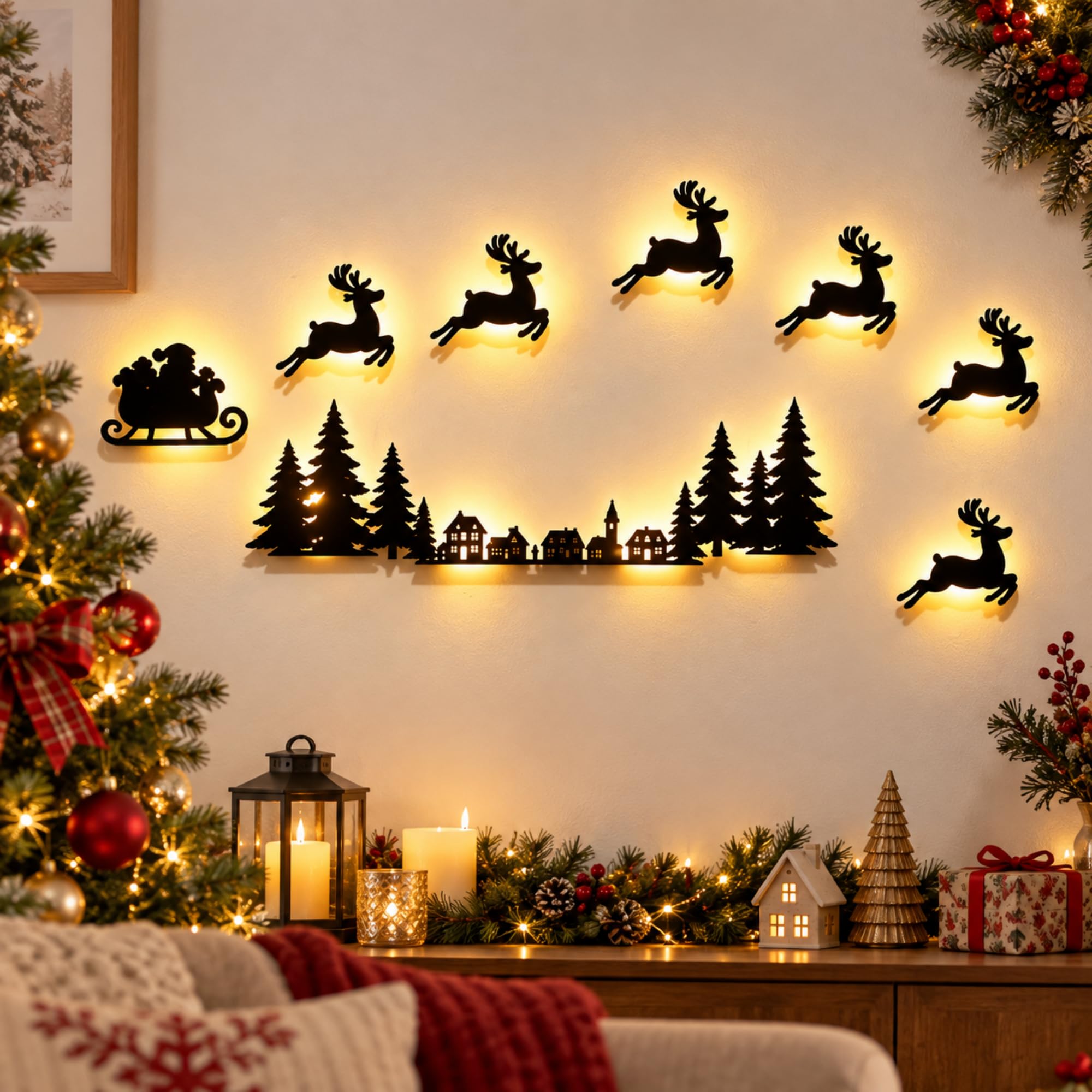 Light Up Wooden Santa Sleigh Reindeer Wall Decor,Festive Christmas Glowing Deer Wall Lights,Peel Stick Holiday Decoration,For Indoor,Home,And So On,Sleigh +6 Reindeer + Village — image 1