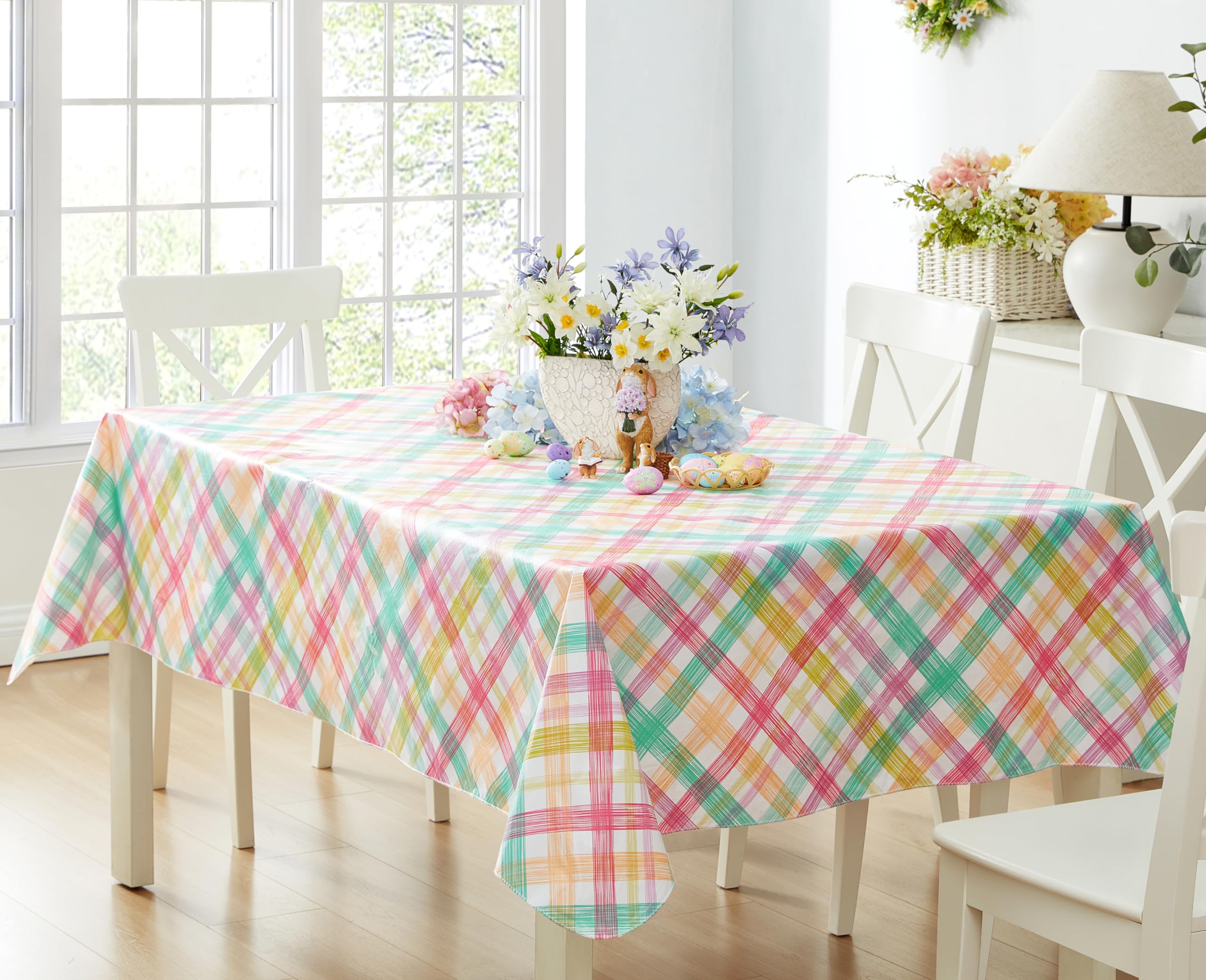 Newbridge Simone Pastel Plaid Vinyl Flannel Backed Tablecloth – 60 x 120 Inch Rectangle – Wipe Clean Indoor/Outdoor Vinyl Table Cover with Flannel