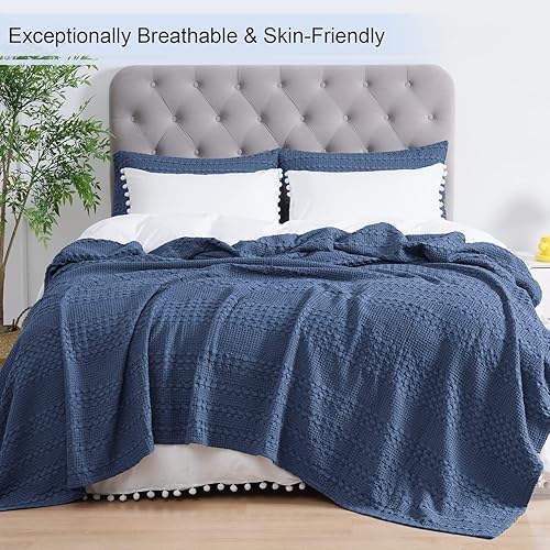 Miniatura 6 de PHF Manta de tejido de gofre 100% algodón, tamaño King, manta suave y ligera lavada para todas las estaciones, manta transpirable y agradable a la