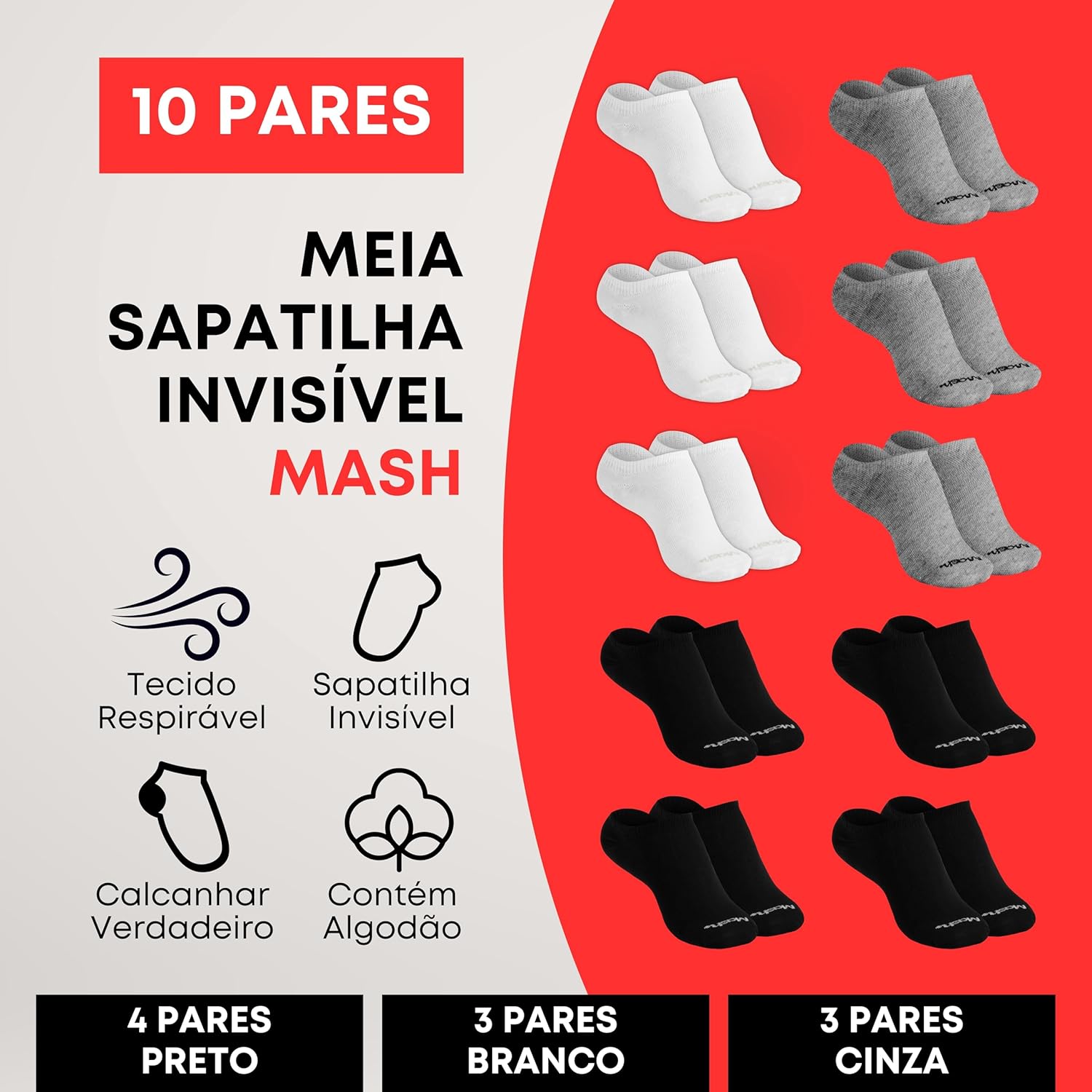 Kit 10 Pares Meia Invisível Mash Unissex Algodão Sapatilha Cano Baixo em promoção! Veja a oferta e mais achadinhos de Moda íntima 2 Hoje é o melhor dia para comprar Kit 10 Pares Meia Invisível Mash Unissex Algodão Sapatilha Cano Baixo com aquele preço maroto! Promoção! Aproveite a oferta! 2