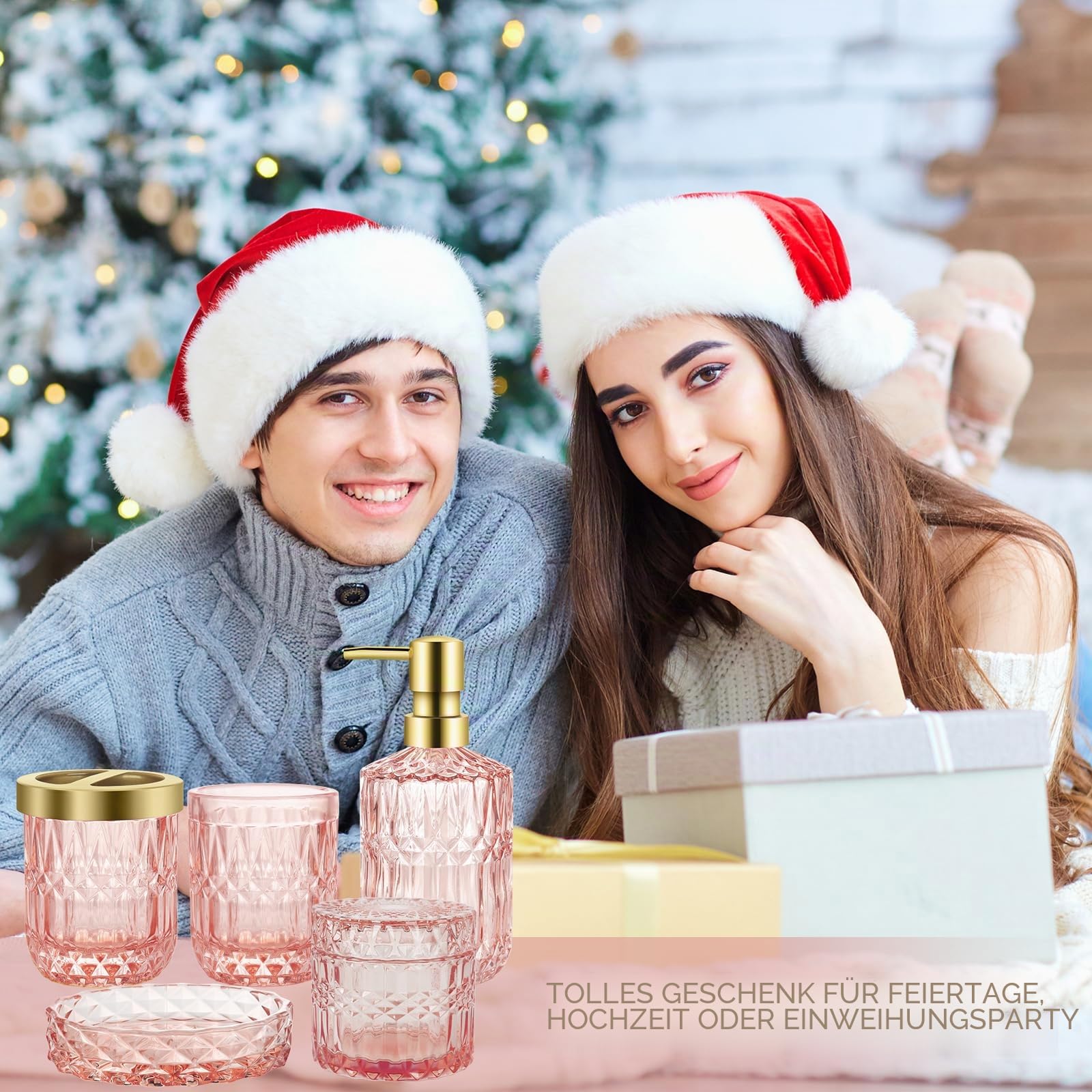 5 Stück Glas Badezimmer Zubehör Sets, Rosa Seifenspender Set mit Seifenspender, Seifenschale, Zahnbürstenhalter, Wattestäbchen Kanister, Becher, Badezimmer Deko Set, Badezimmer Organizer