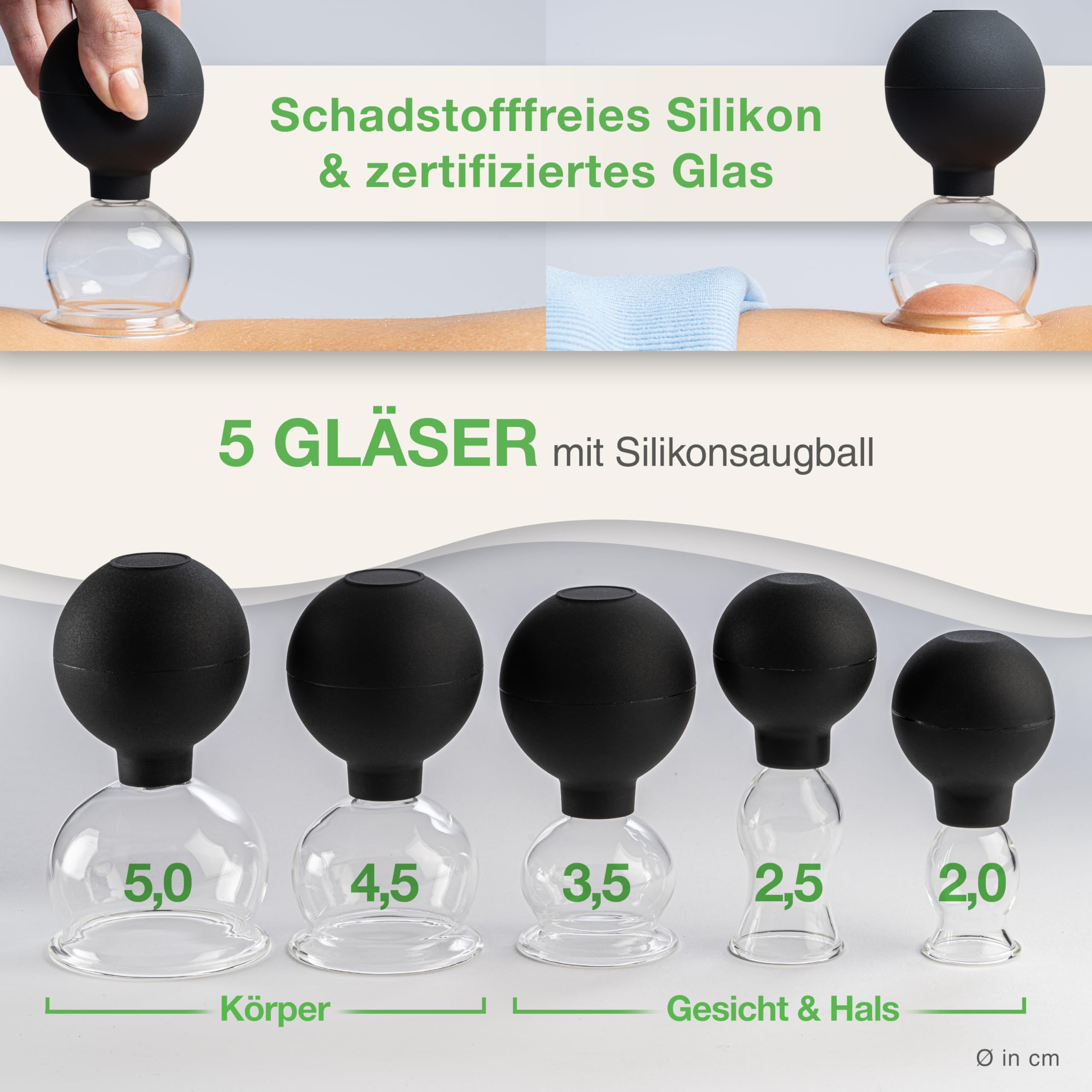 BACKLAXX ® Schröpfgläser Set aus Echtglas mit Saugball Silikon & Faszienschaber, Schröpfen gegen Cellulite, Face Cupping Set gegen Falten, Schröpfglas gegen Verspannungen, Schröpfgerät mit eBook