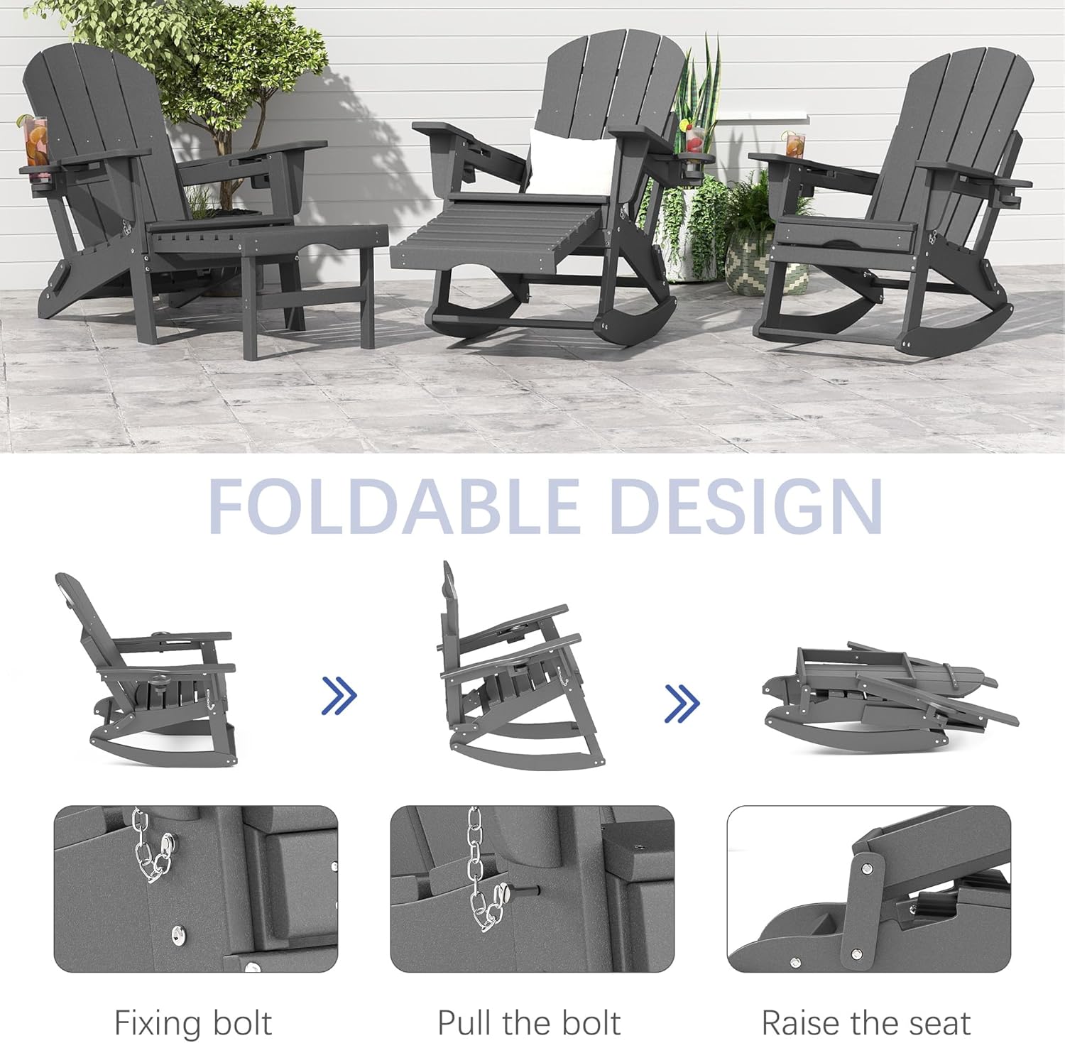 FOOWIN Folding Adirondack Rocking Chair Set of 2 with Retractable Ottoman and Cup Holders,HDPE All Weather Outdoor Adirondack Chair for Porch, Patio, Balcony,Poolside,Oversized Rocker Chair,Grey
