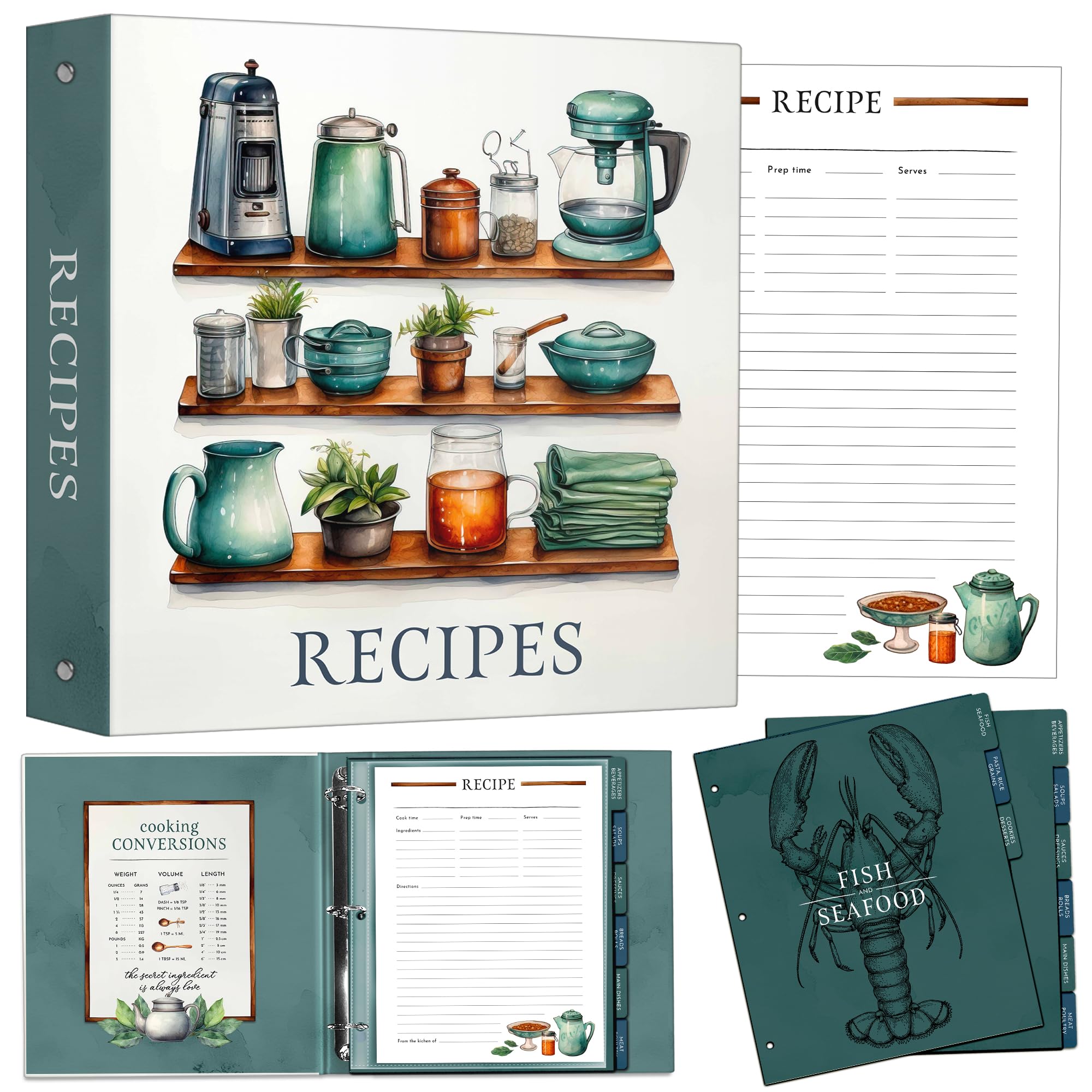 Raccoglitore per ricette, raccoglitore a 3 anelli in argento con 30 pagine di ricette, 30 buste in plastica, 9 divisori colorati da 27,9 x 30,5 x 5,1 cm, organizer per ricette
