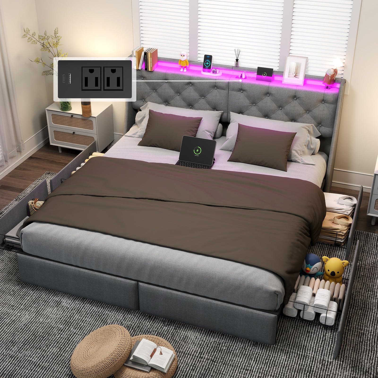 King Size Bed Frame with LED Lights and Charging Station, Upholstered Platform Bed with Storage Headboard and 4 Drawers, Metal Slat Support,