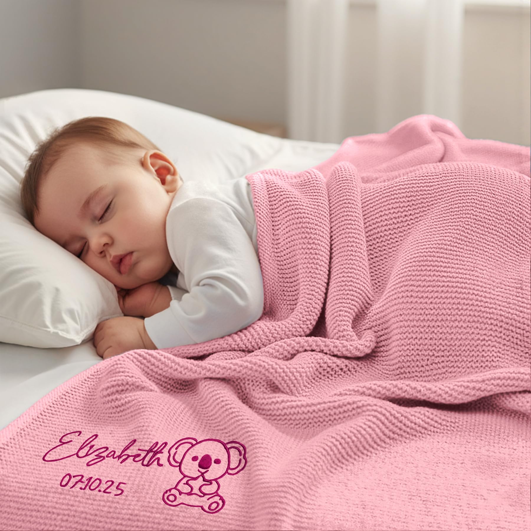Stepdiy Custom Knit Blanket with Name for Baby Girls, Personalised Embroidered Blanket for Newborn, 80x100cm Customised Blanket for Baby Shower Baby's First (Pink)