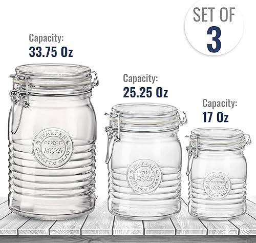 Miniatura 2 de Bormioli Rocco Officina 1825 - Paquete variado de 3 tarros de vidrio 3375 onzas 2525 onzas 17 onzas apertura ancha con tapa hermética con bisagras