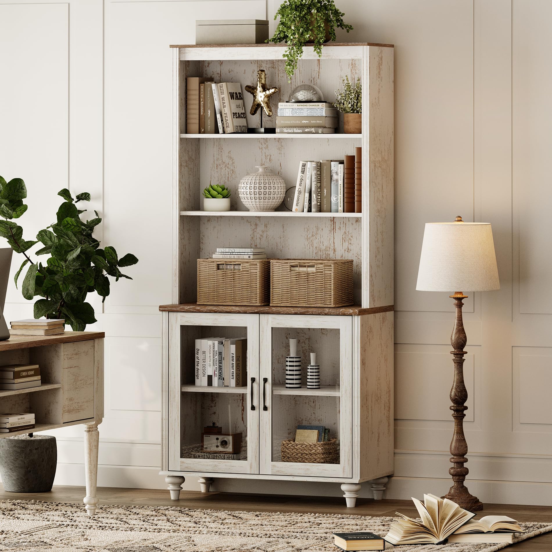 SEE DESCRIPTION WAMPAT 5 Tier Bookshelf 72" Tall Bookcase with Glass Doors,Large Farmhouse Display Book Shelf with Adjustable Shelves and Storage Cabinet,Library Wood Bookshelves for Living Room,Kitchen, Rustic White