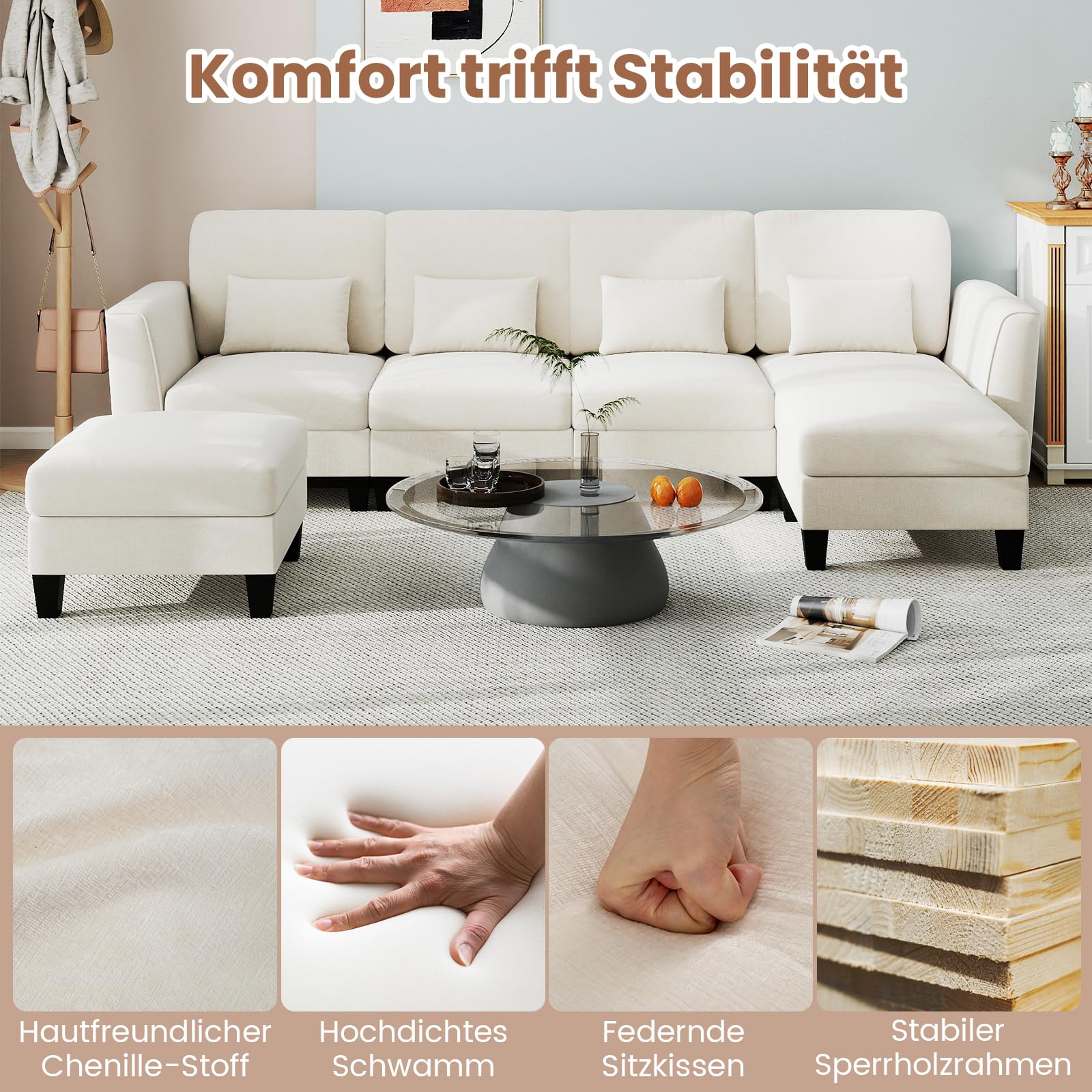 COSTWAY Sofa narożna 280 cm z 2 podnóżkami i 4 poduszkami, modułowa sofa z funkcją spania, sofa narożna w kształcie litery U z portami ładowania USB i portem ładowania typu C, 4-osobowa sofa do salonu