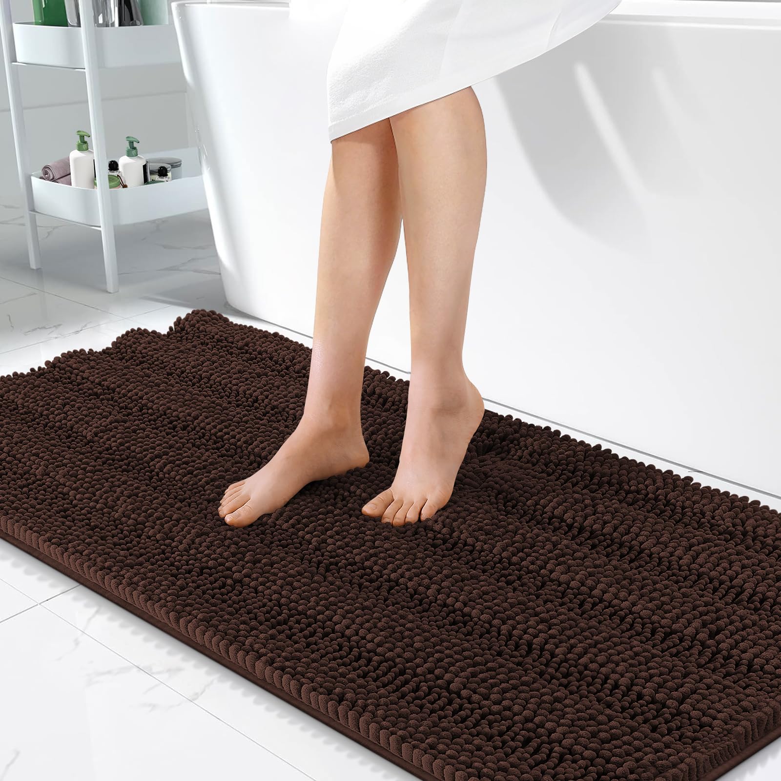 OLANLY Thick Bathroom Runner Rugs 47x24, Soft Chenille Bath Rugs, Brown