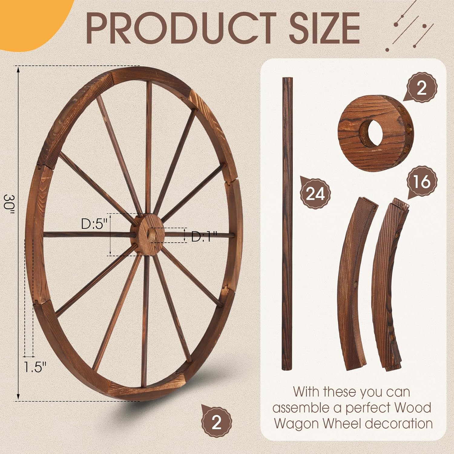 2 Pcs Wooden Wagon Wheels 30 Inch Removable Decorative Wooden Wheels Old Western Wood Wagon Wheel Hanging Cowboy Party Decorations Wood Wheels for Bar Garage Indoor Outdoor