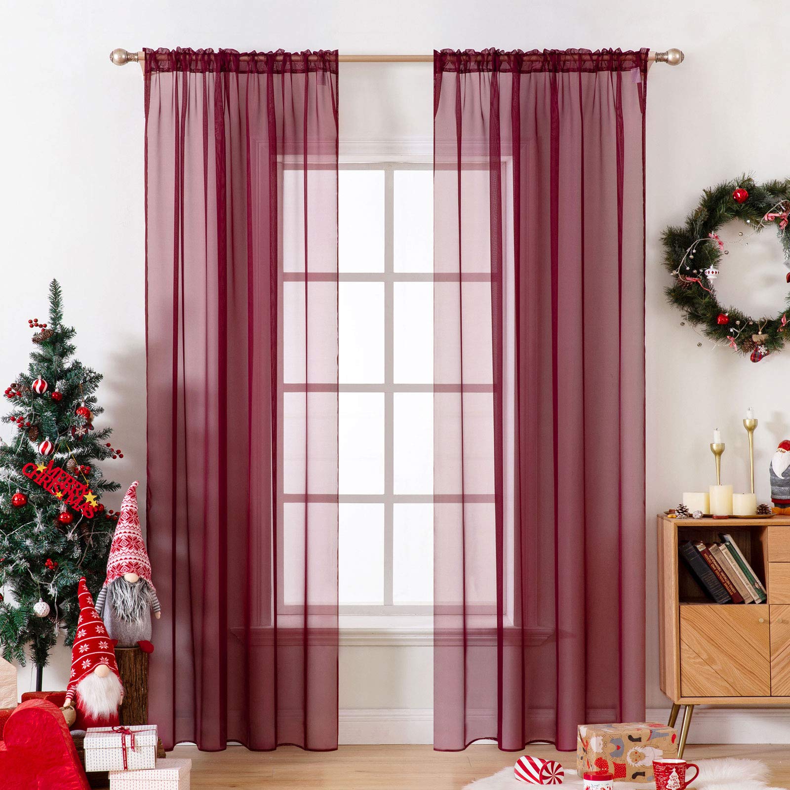 MIULEE 2 Panels Solid Color Sheer Christmas Window Curtains Elegant Window Voile Panels/Drapes/Treatment for Bedroom Living Room (54X90 Inches Wine Red)