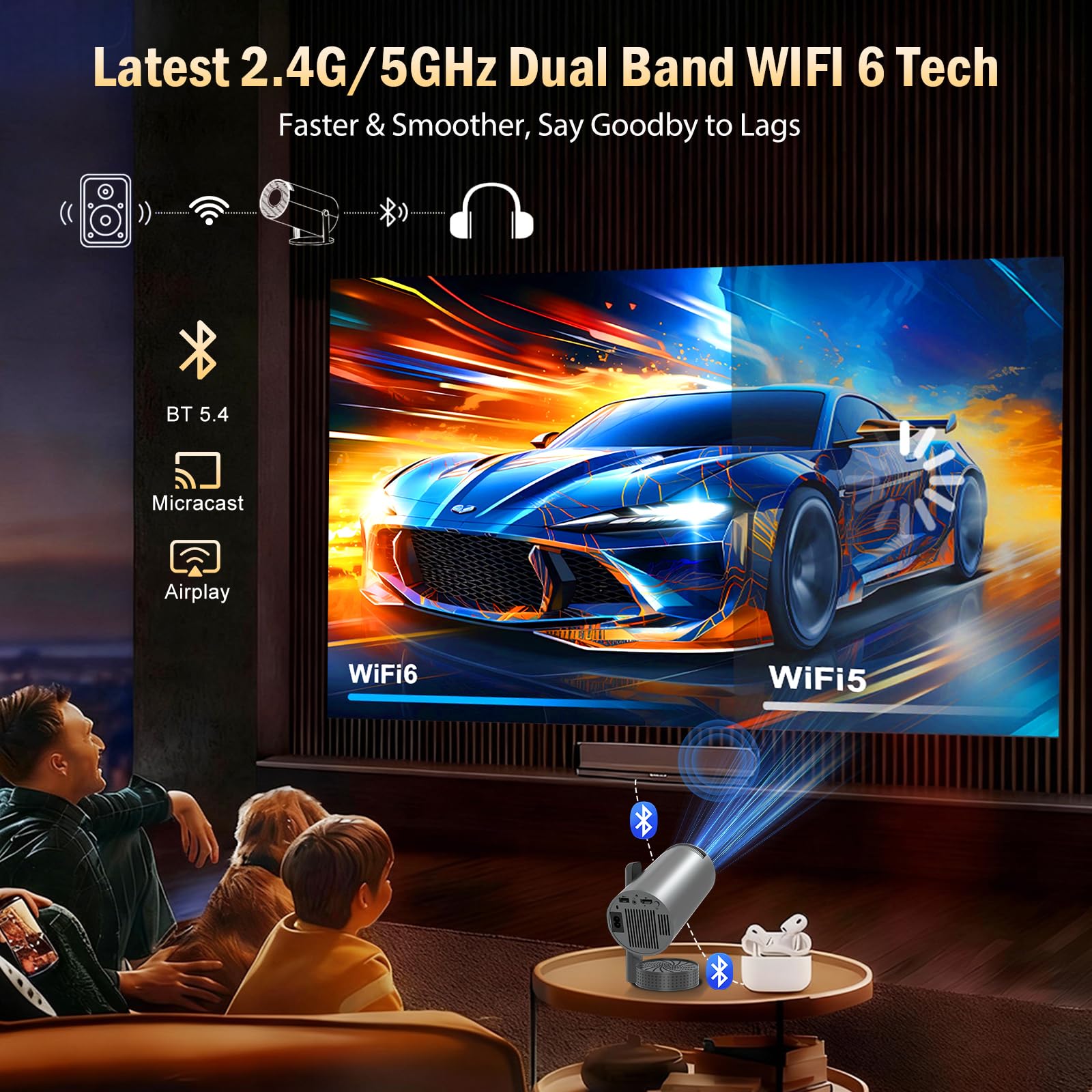Vidéoprojecteur 4K, Mini Projecteur avec WiFi 6 BT5.4, 270° Rotation, Correction Trapézoïdale, Base de Son, Compatibile avec HDMI/USB/PS5, Retroprojecteur Portable pour Chambre, Maison et Extérieur