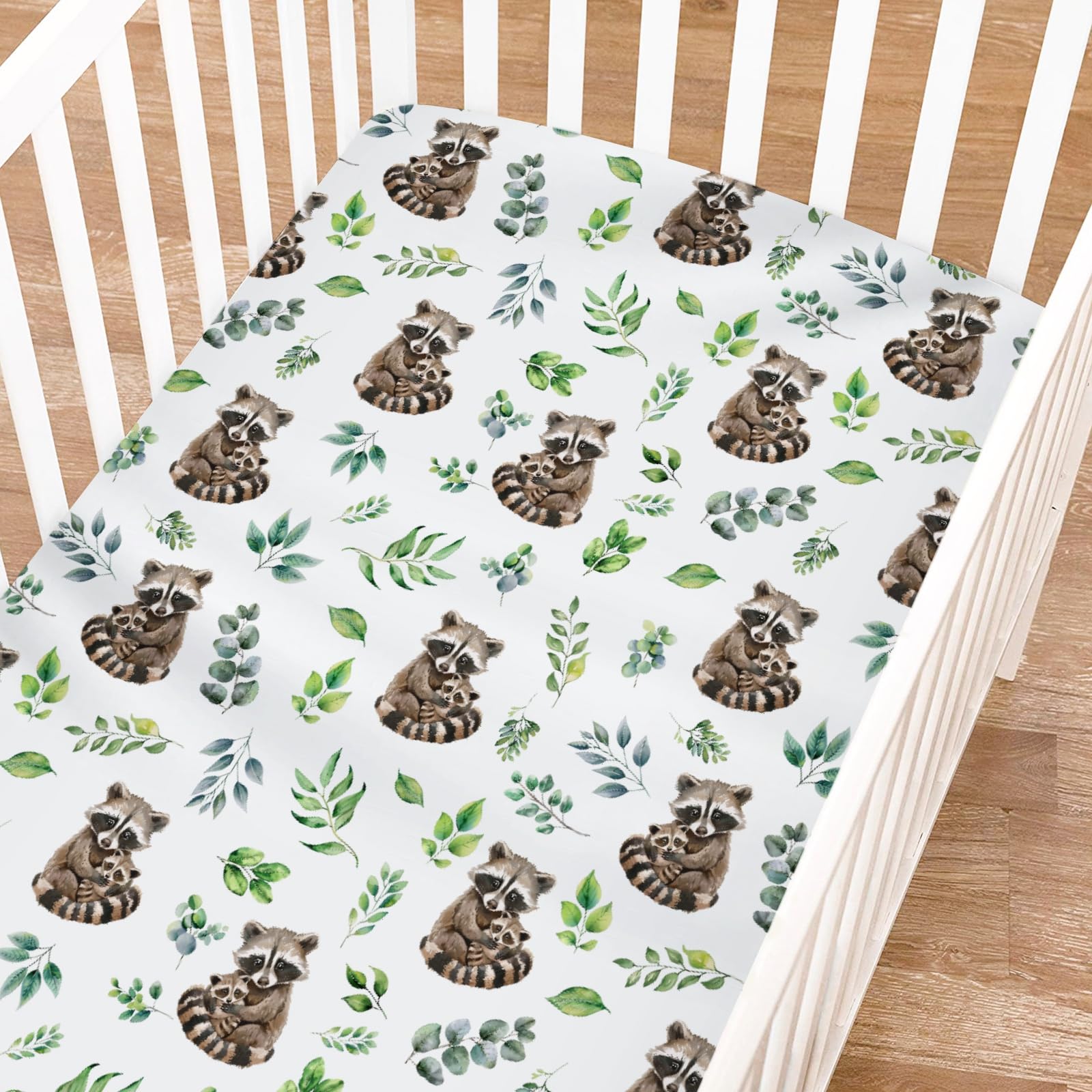 Cute Raccoon Green Leaves Baby Crib Sheets for Girl Boy 52"x28" Mother Baby Raccoon Soft Breathable Crib Mattress Cover Animals Boho Retro Leaves Bed Sheets Fits Standard Crib and Toddler Mattress