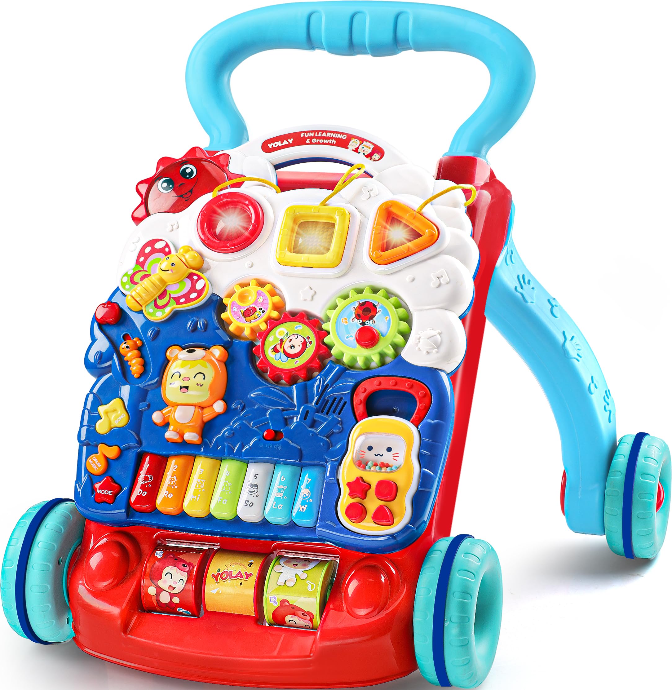 YOLAY Baby Push Walker for Baby Boy and Girl 6-12 Months, Baby Walker with Wheels Safety Knob & Weight Balancing Water Tank, Sit to Stand Detachable Early Learning Activity Center for Kids - Blue