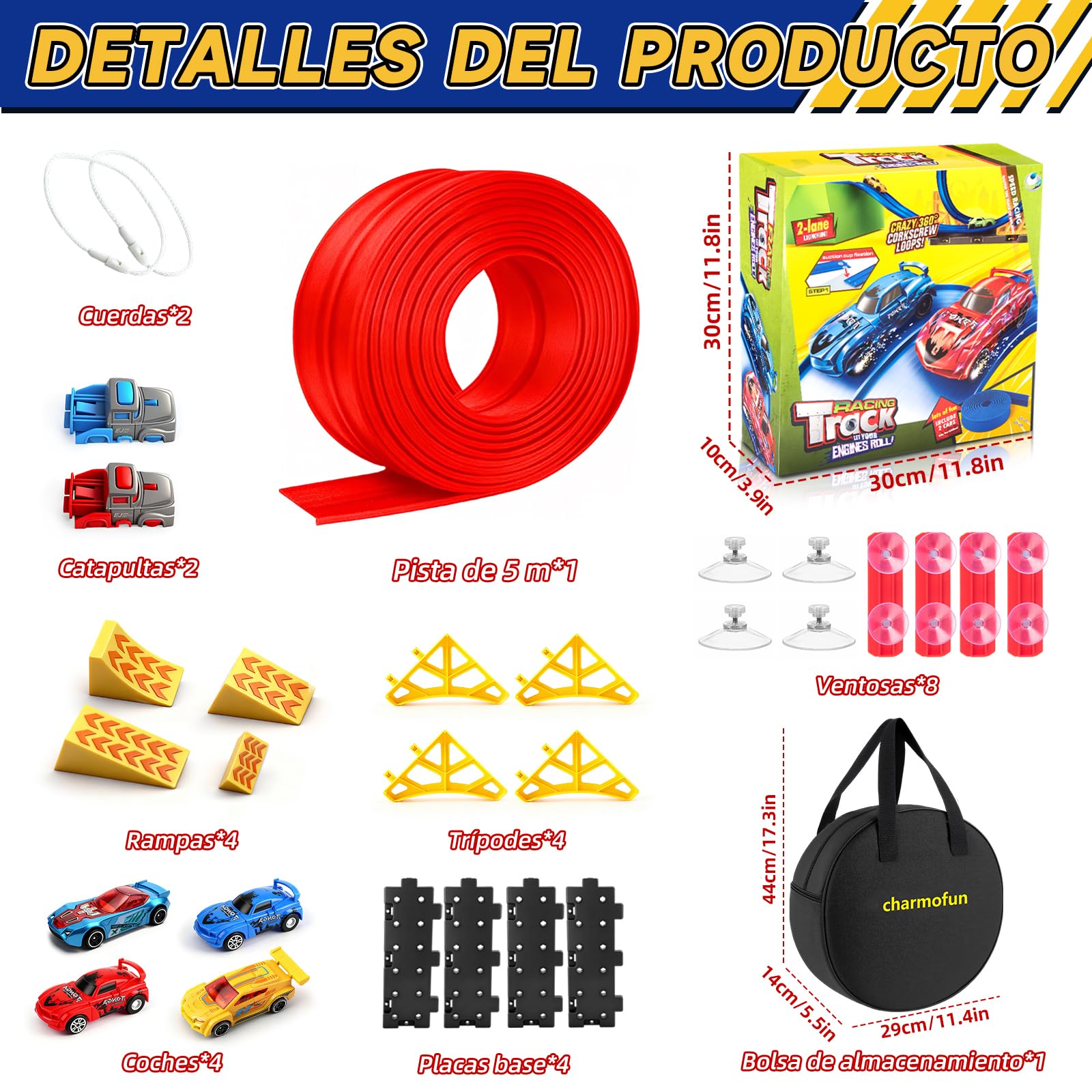 Charmofun Pista de Coches Flexible 5M, Pista de Coches para Niños con 4 Coches, Bolsa Almacenamiento, 2 Lanzadores, 8 Rampas y Ventosas, Pista De Carreras Portátil para Niños de 3+ Años (Rojo)