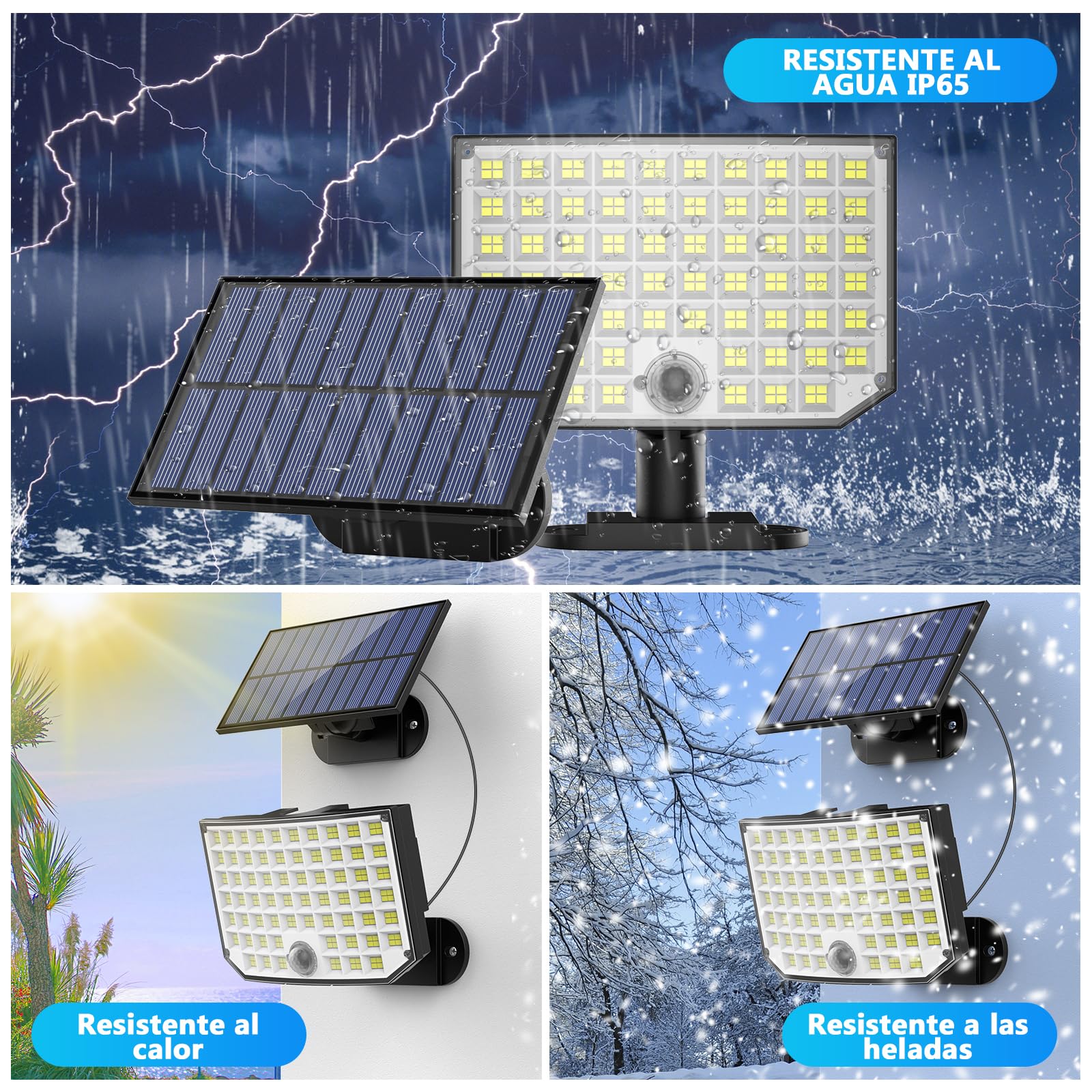 Luces Solares Exterior Jardin, Foco Solar 256 LED 2 Paquete Separar Lampara Solar con Mando a Distancia 3 Modes IP65 con Sensor de Movimiento para Garajes Caminos