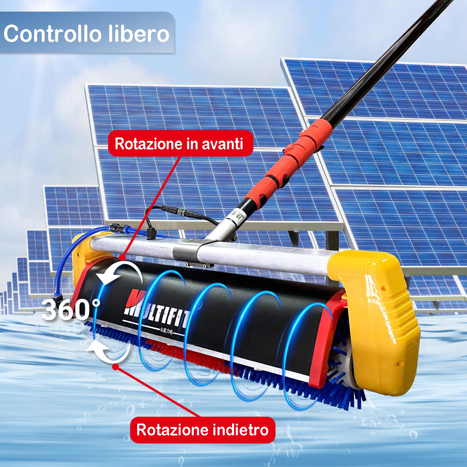 Sistema di pulizia solare di punta, doppia alimentazione, asta in fibra di carbonio da 7,5 metri, 420 giri/min, soluzione professionale, pulizia altamente efficiente