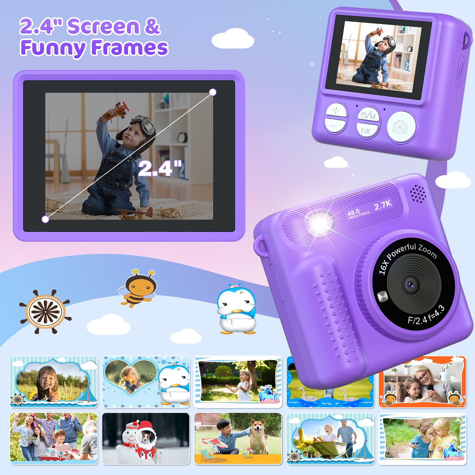 VATOS Kinderkamera Sofortbildkamera 2.4" 1080P 32GB Wiederaufladbare Digitalkamera mit Musik-Player