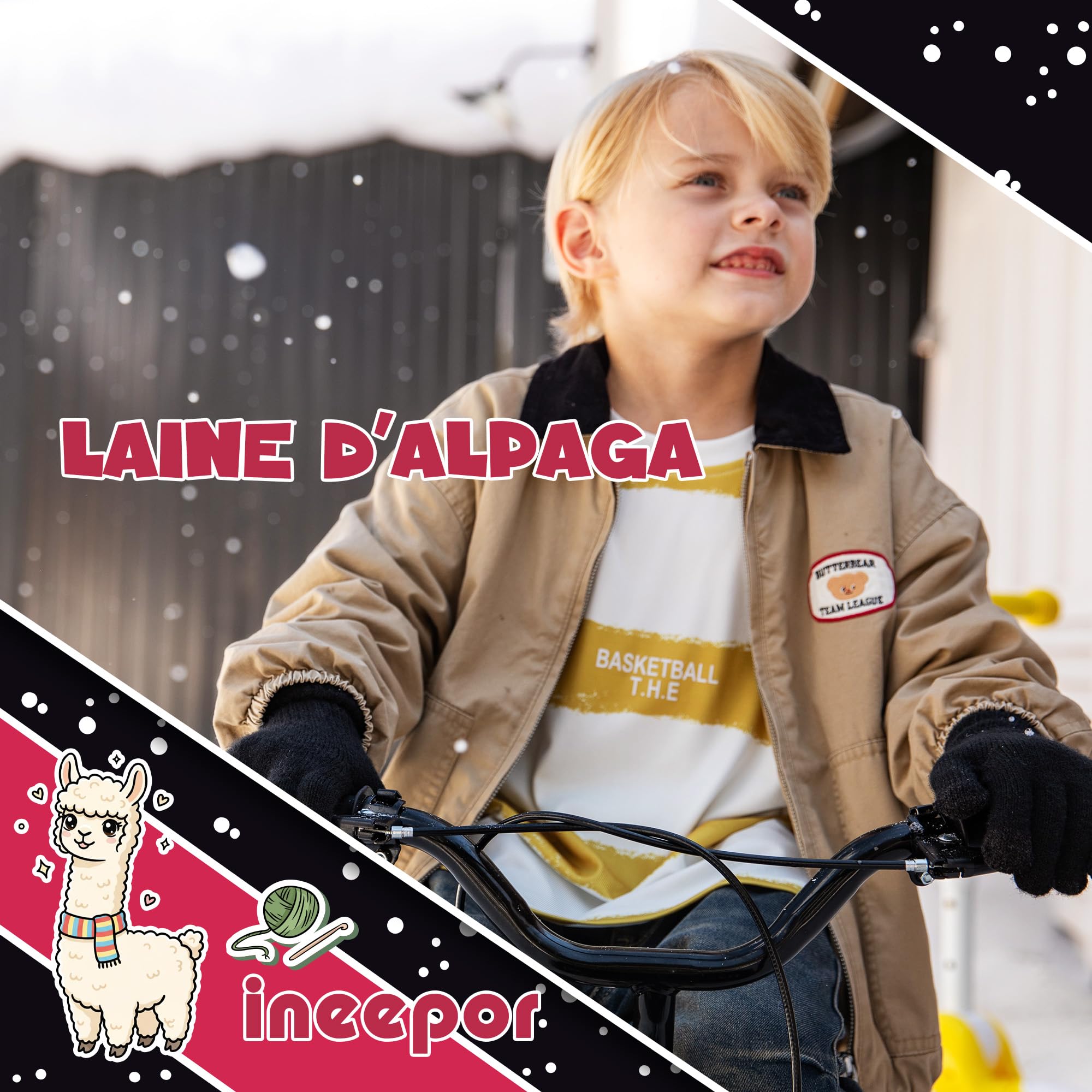ineepor Gants Hiver Enfant en Alpaga Double Couche Gants Chaud Enfant avec Doublure Polaire Isolante et Chaude pour Garçons et Filles 3-12 Ans