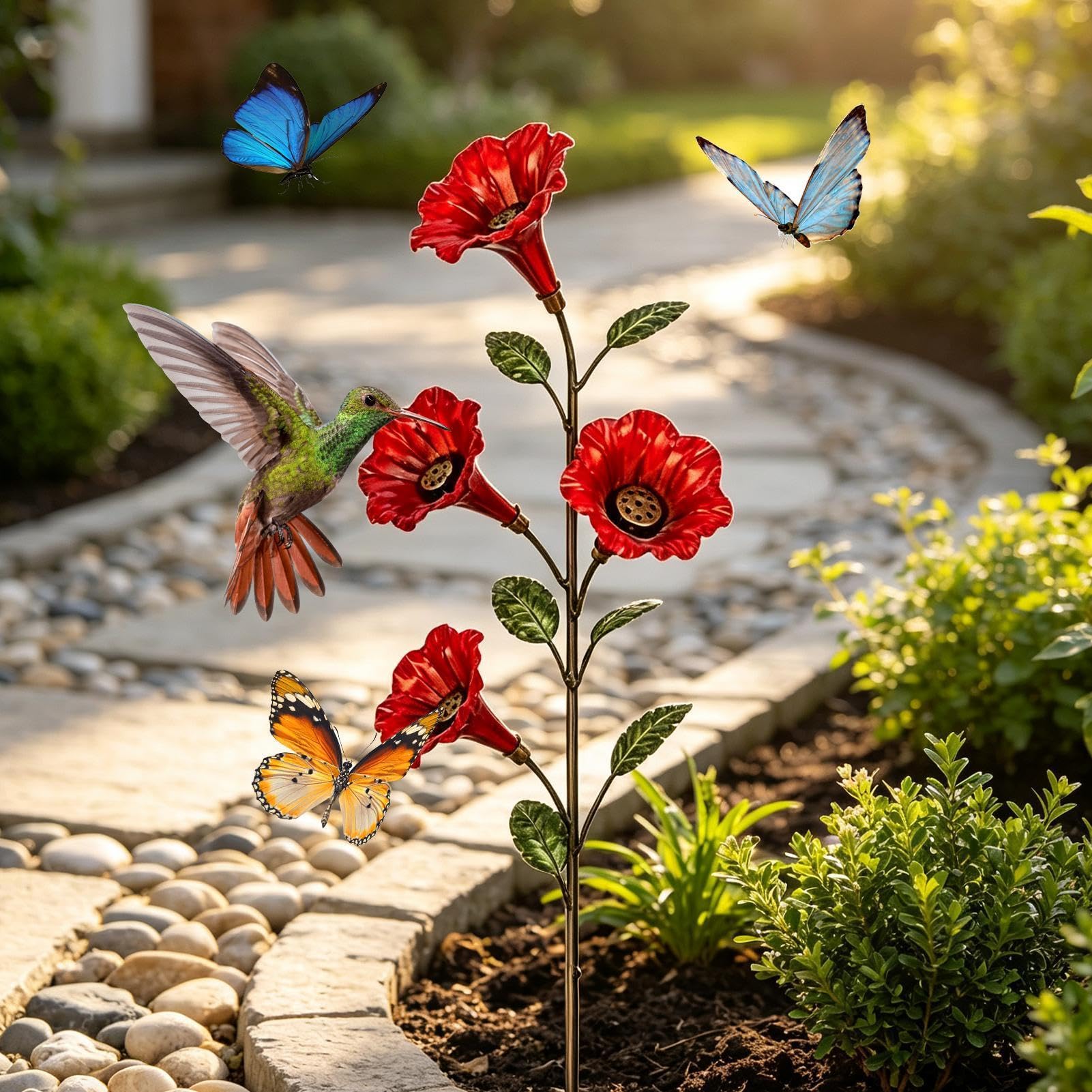 Comedero para colibríes al aire libre con forma de flor, estaca de jardín