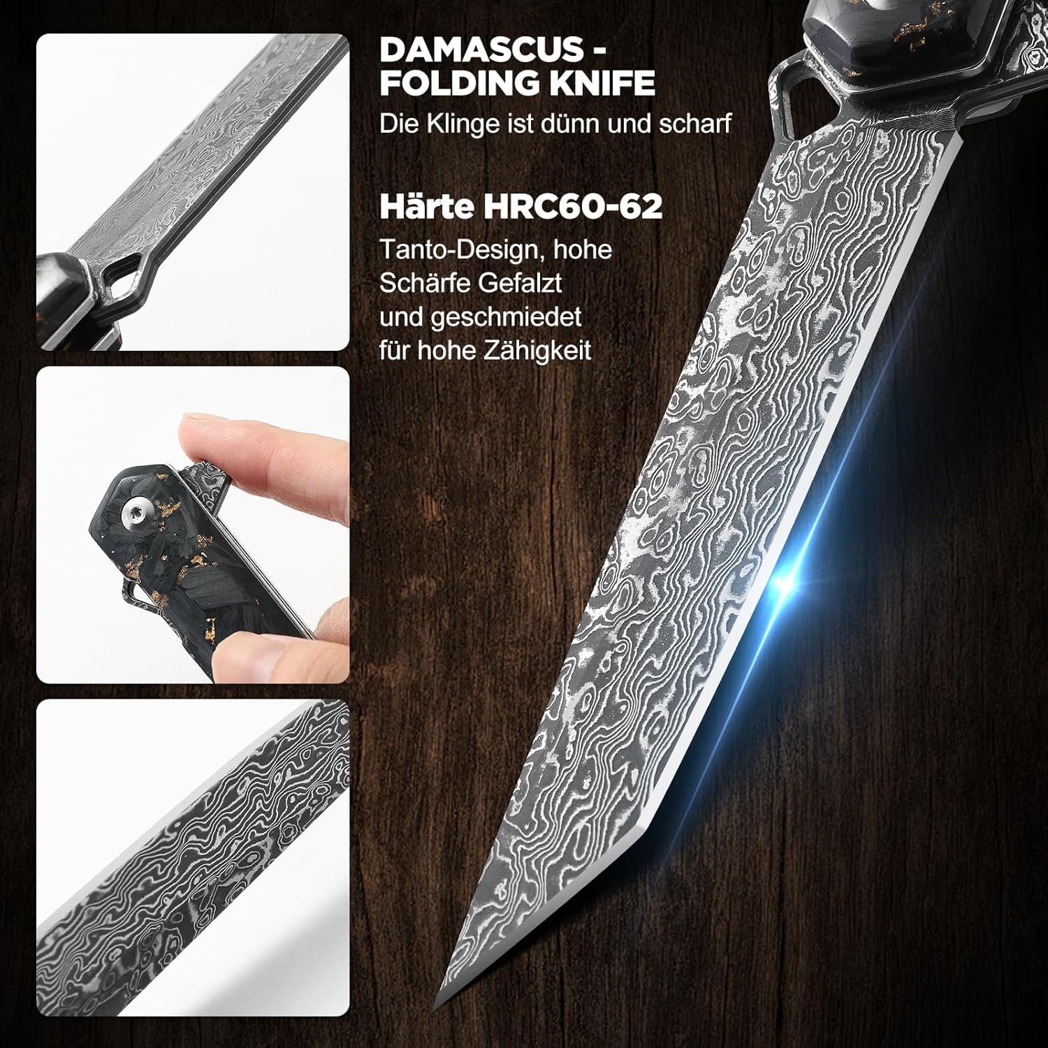 Omesio Cuchillo Damasco de Bolsillo para Hombre Mujer, Cuchillo Plegable Tanto de 3.94 Pulgadas con Mango de Fibra de Carbono, Cuchillo EDC de Acero Damasco para Outdoor Camping Caza Colección Regalo
