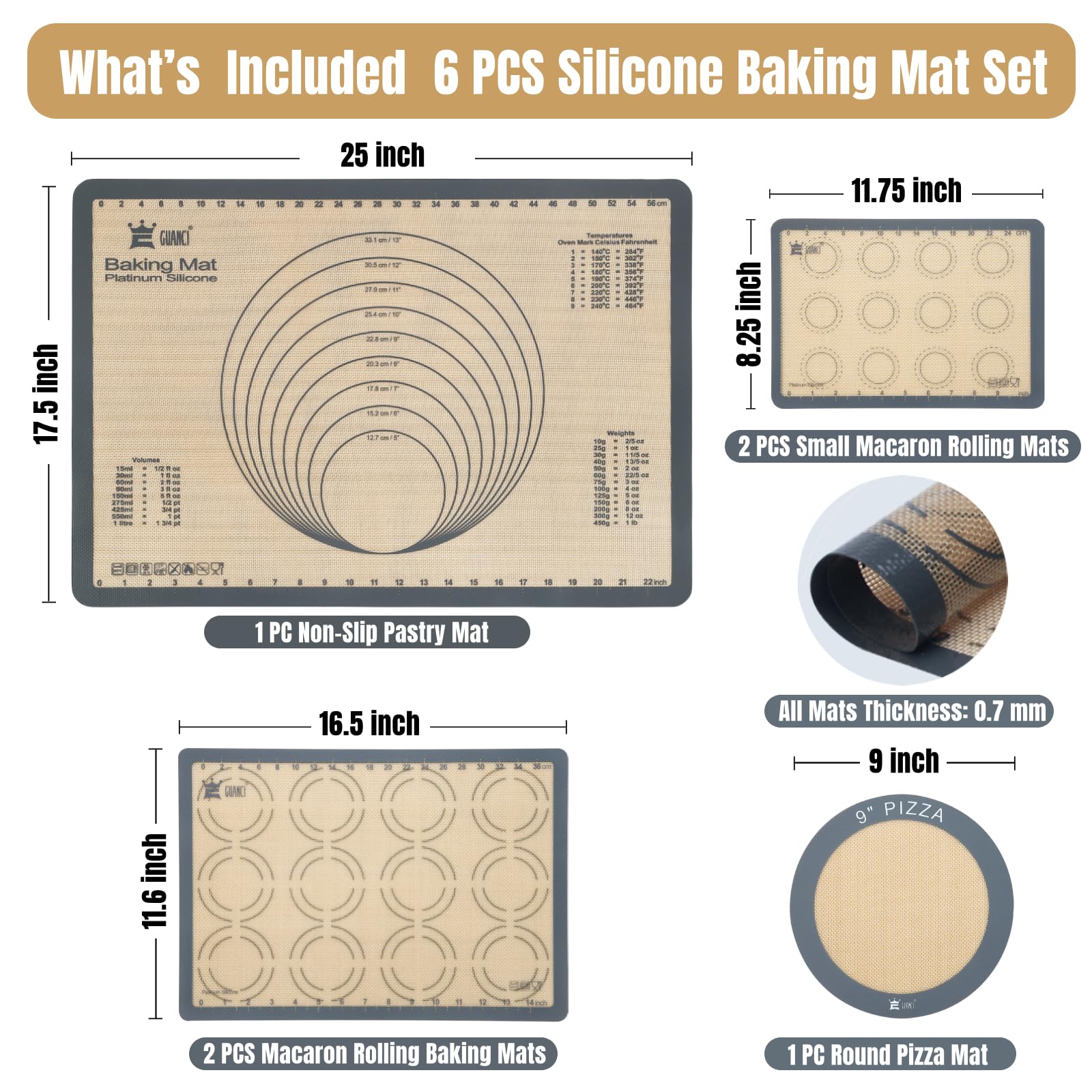 Silikon-Backmatten-Set, GUANCI Grade Lebensmittel-Backmatten, antihaftbeschichtet, wiederverwendbar, Pizza-Backformen, Matte für die Herstellung von Makronen, Pizza, Keksen, Gebäck, Brot, Brötchen