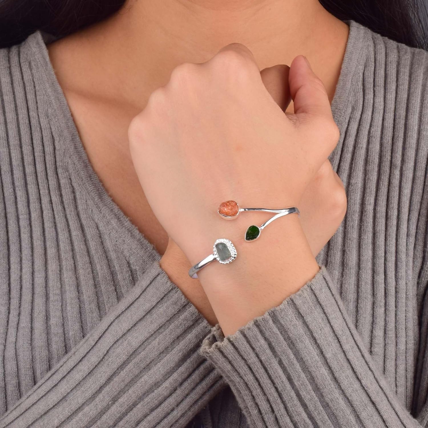 Natural Raw Sunstone, Chrome Diopside and Aquamarine Cuff Bracelet, Healing Crystal Cuff Bracelet, Bangle Bracelet, Rough Gemstone Bracelet, Birthstone Jewelry, Jewelry For Woman - Image 2