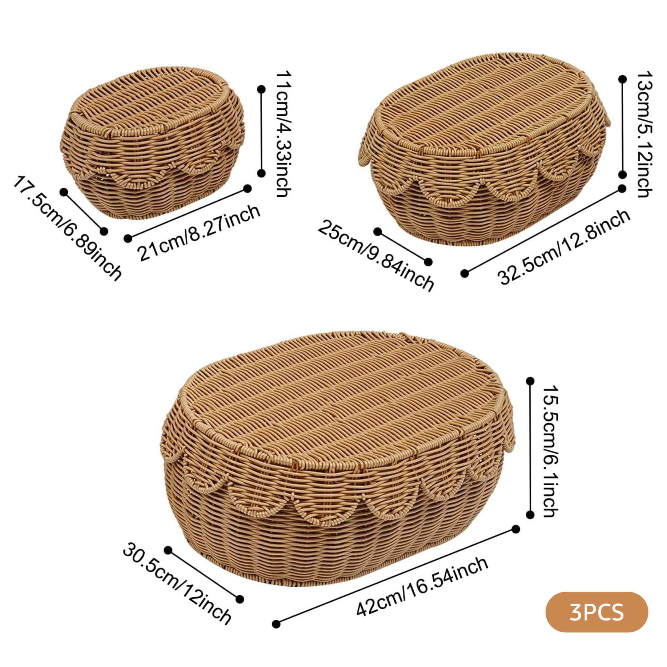 Set di 3 cestini smerlati, cestini in vimini con coperchio, portaoggetti in rattan intrecciato a mano, per soggiorno, bagno, camera da letto, cibo, pane, picnic, 3 misure