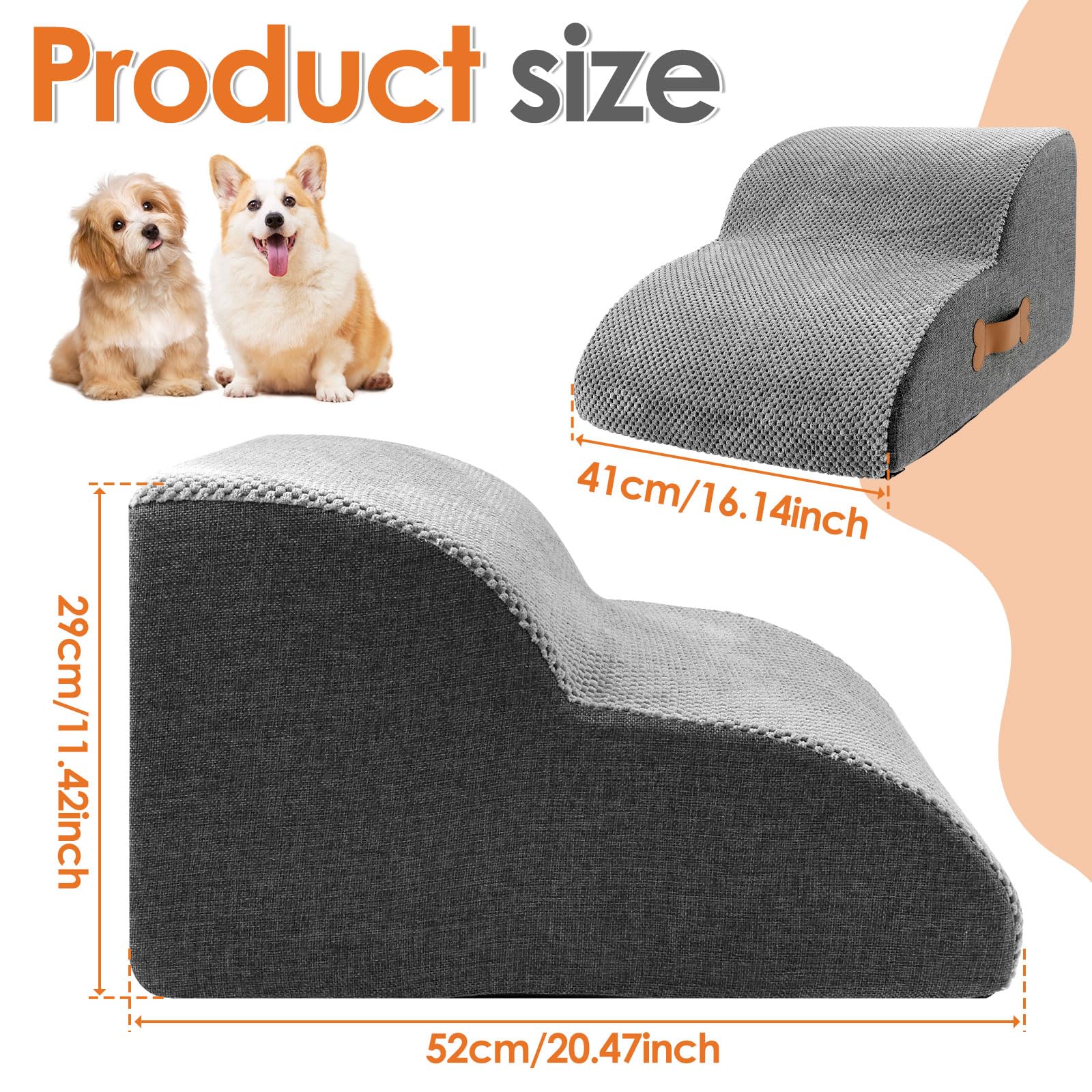 Scala per cani di piccola taglia con rivestimento lavabile e fondo antiscivolo, 55 x 34 x 40 cm, scala per animali domestici, scala a 3 livelli, rampa per cani rimovibile per letto, divano (grigio