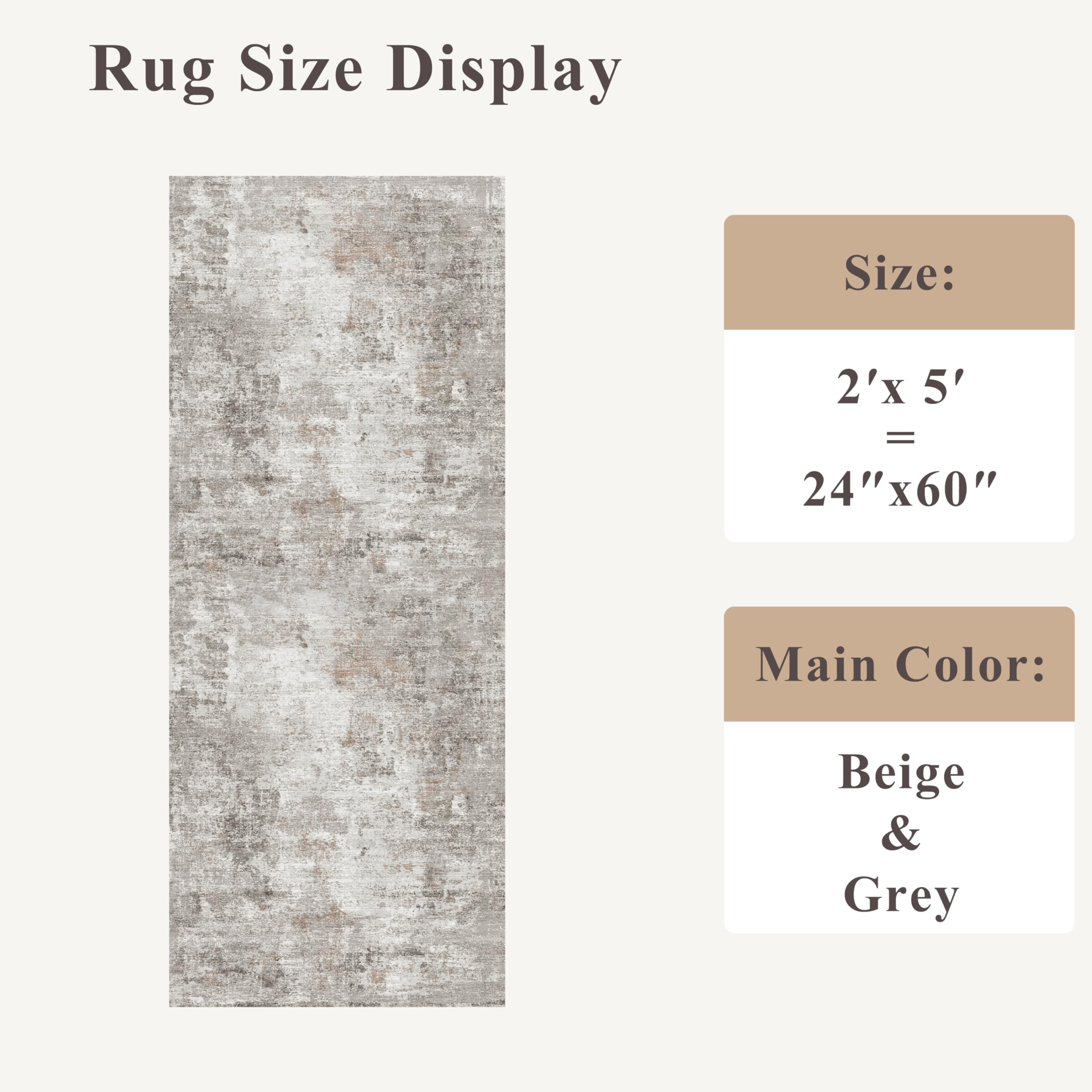 Condition photo showing New/Like New for 2x5 rug runner non-slip washable – modern neutral abstract small rug for hallway, kitchen, bathroom, bedroom, entryway, laundry room – thin soft low-pile rubber backing (beige/grey)