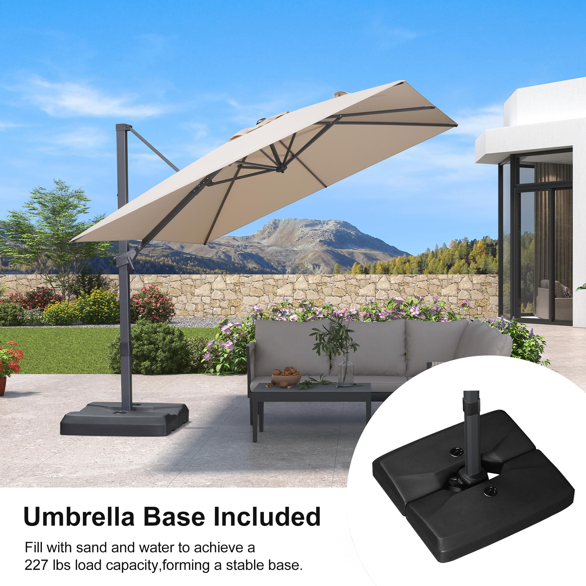 PURPLE LEAF Patio Cantilever Umbrella 9' x 9' with Base UV Protection Beige