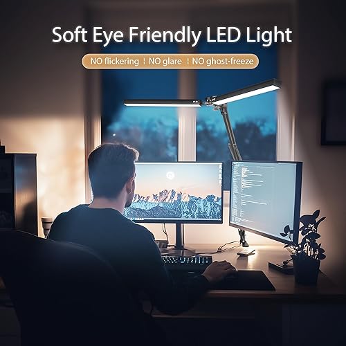 Miniatura 4 de Lámpara de escritorio LED de doble cabeza con abrazadera, 2 luces de brazo oscilante más brillantes, 3 colores, 10 brillo, lámpara de arquitecto