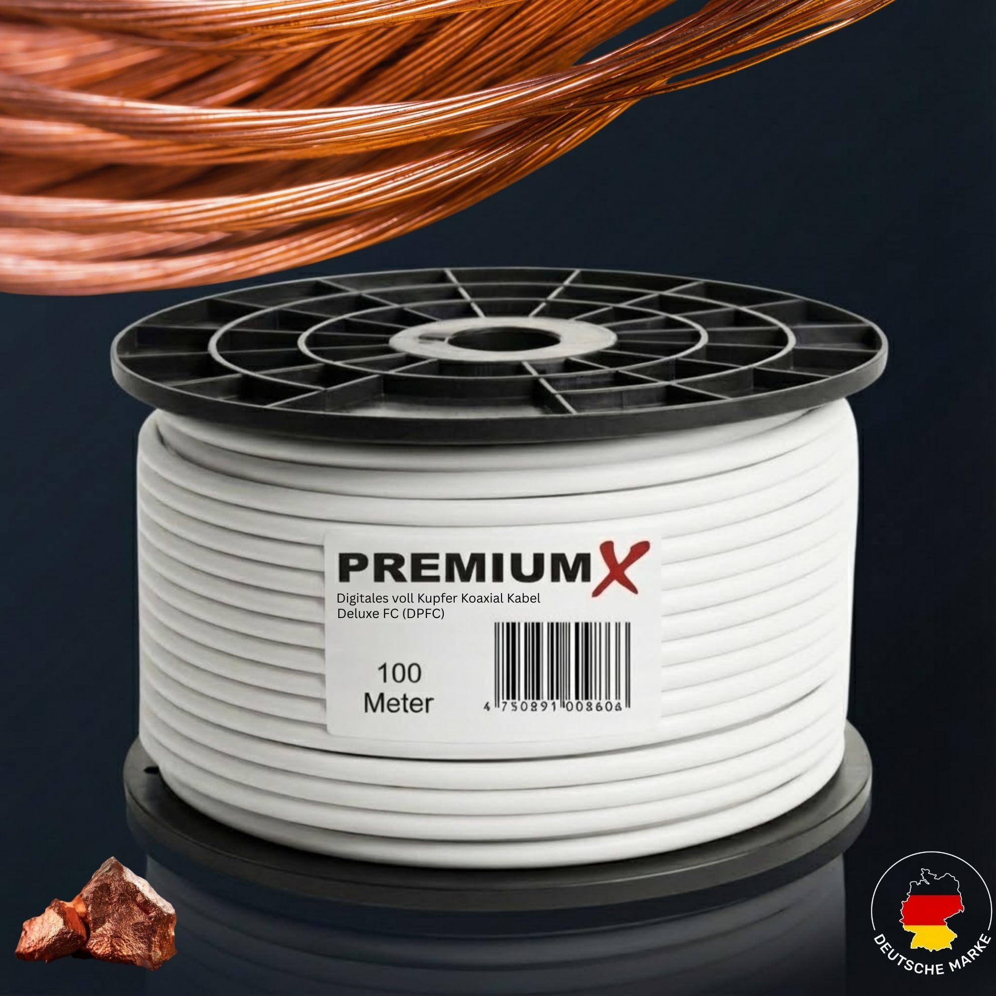 Premium X Deluxe PRO SAT Koaxialkabel 100m Weiß - 99,99% Vollkupfer - Massive 5-Fach Kupfer-Festung & 1,13mm Kern - 135dB Class A 8K 4K UHD TV Antennenkabel Massiv Referenz-Klasse