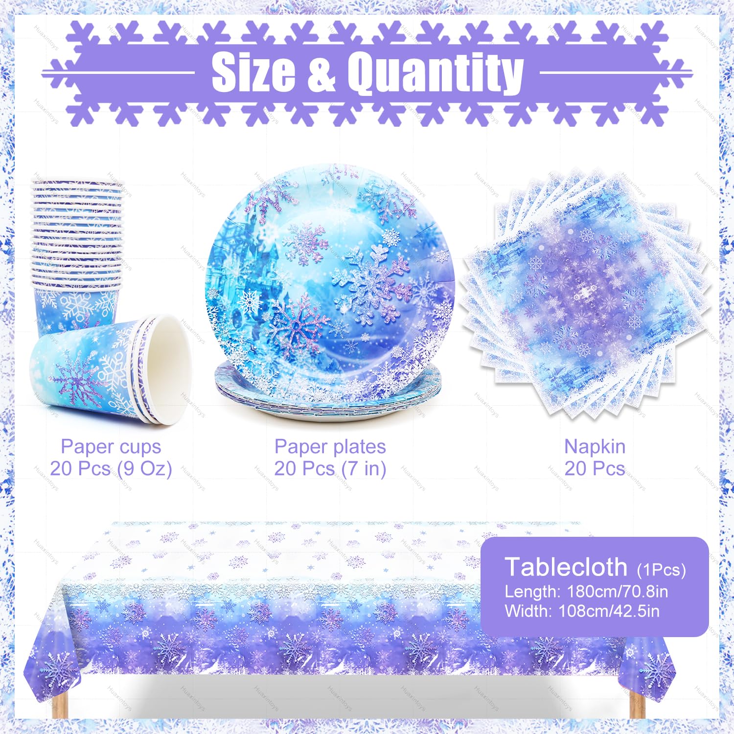 61 Pz Frozen Stoviglie Decorazioni Compleanno, Stoviglie per Fiocchi Neve, Bicchieri, Tovaglioli e Tovaglia per Decorazioni Frozen Compleanno Forniture per Feste Natale Forniture
