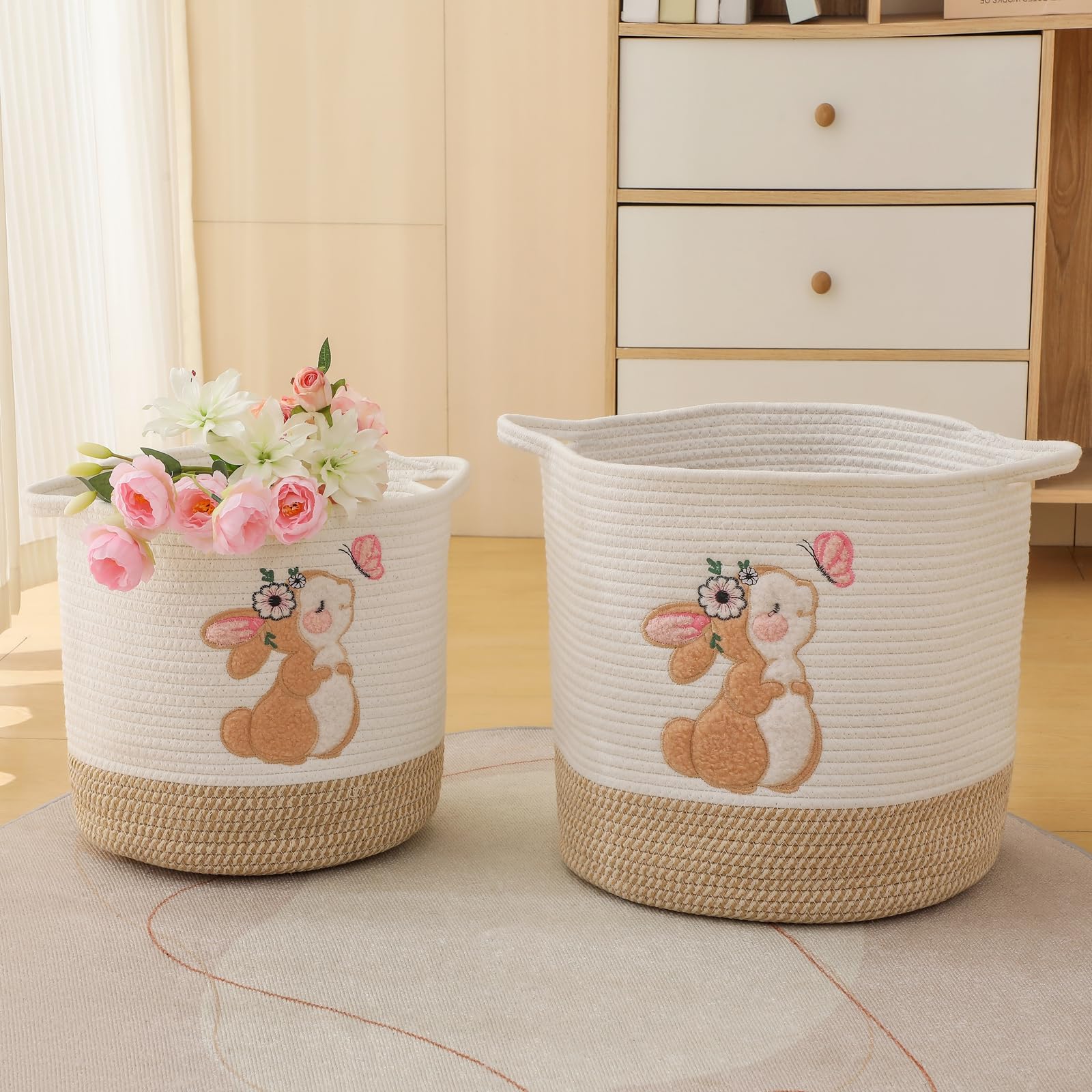 Cesto in corda di cotone per bambini, cesto regalo, vuoto, per baby shower, con manici, graziosi, coperte, animali ripieni, per asilo (coniglietto, grande)