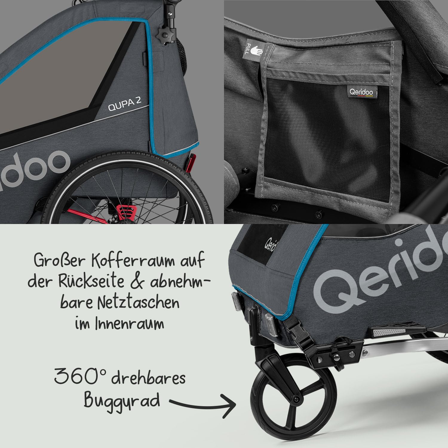 Qeridoo QUPA 2 Blue Comfort Sport Set | Fahrradanhänger 2 Kinder mit Joggerrad, Kupplung & Faltgarage | Kinderfahrradanhänger | Fahrrad Anhänger Kinder | Kinderanhänger Fahrrad | Jogger Kinderwagen