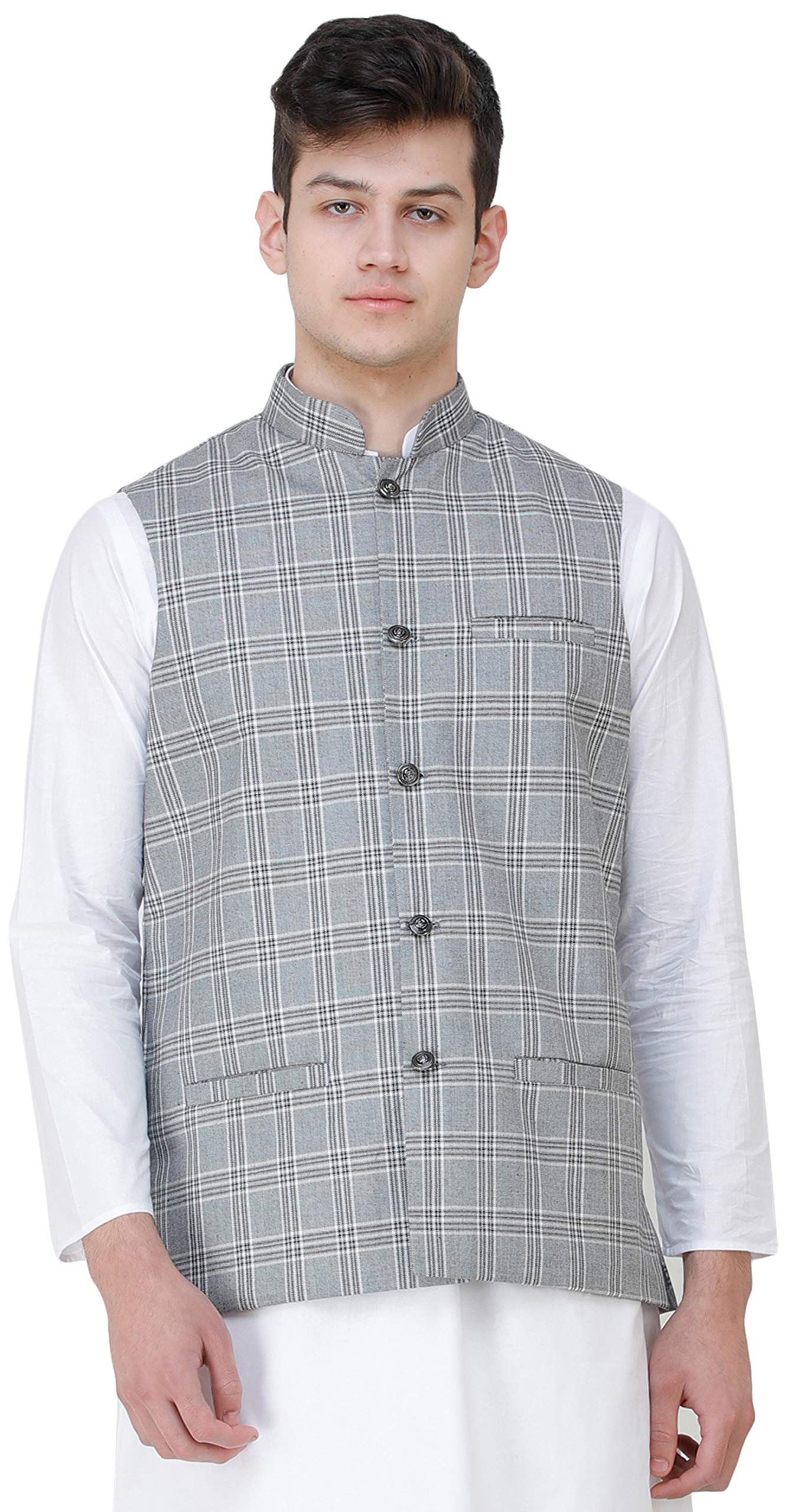 Exotic India Waistcoat with Double Check Pattern and Front Pockets - Color Ash Size 42