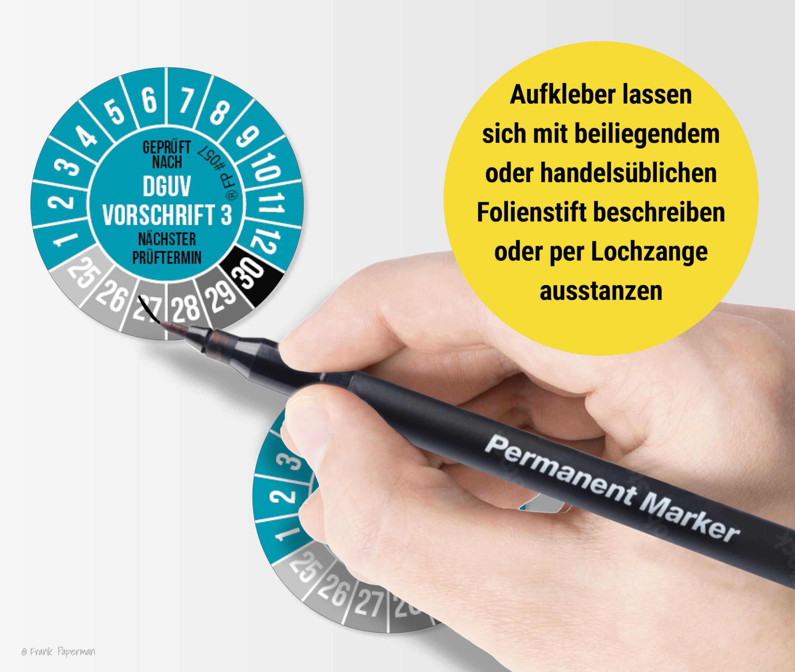 1200x DGUV V3 Prüfplaketten blau 20 mm Durchmesser inkl. Folienstift, Prüfplaketten Nächster Prüftermin, UV-beständig, Hohe Klebkraft, 5 Farben, 2 Größen