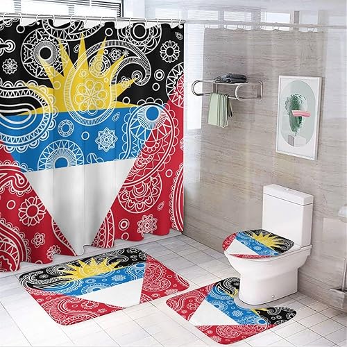 Juego de 4 cortinas de ducha con diseño de bandera de cachemira de Antigua y Barbuda, con alfombra antideslizante, cubierta suave para tapa de disponible en Yaxa Peru