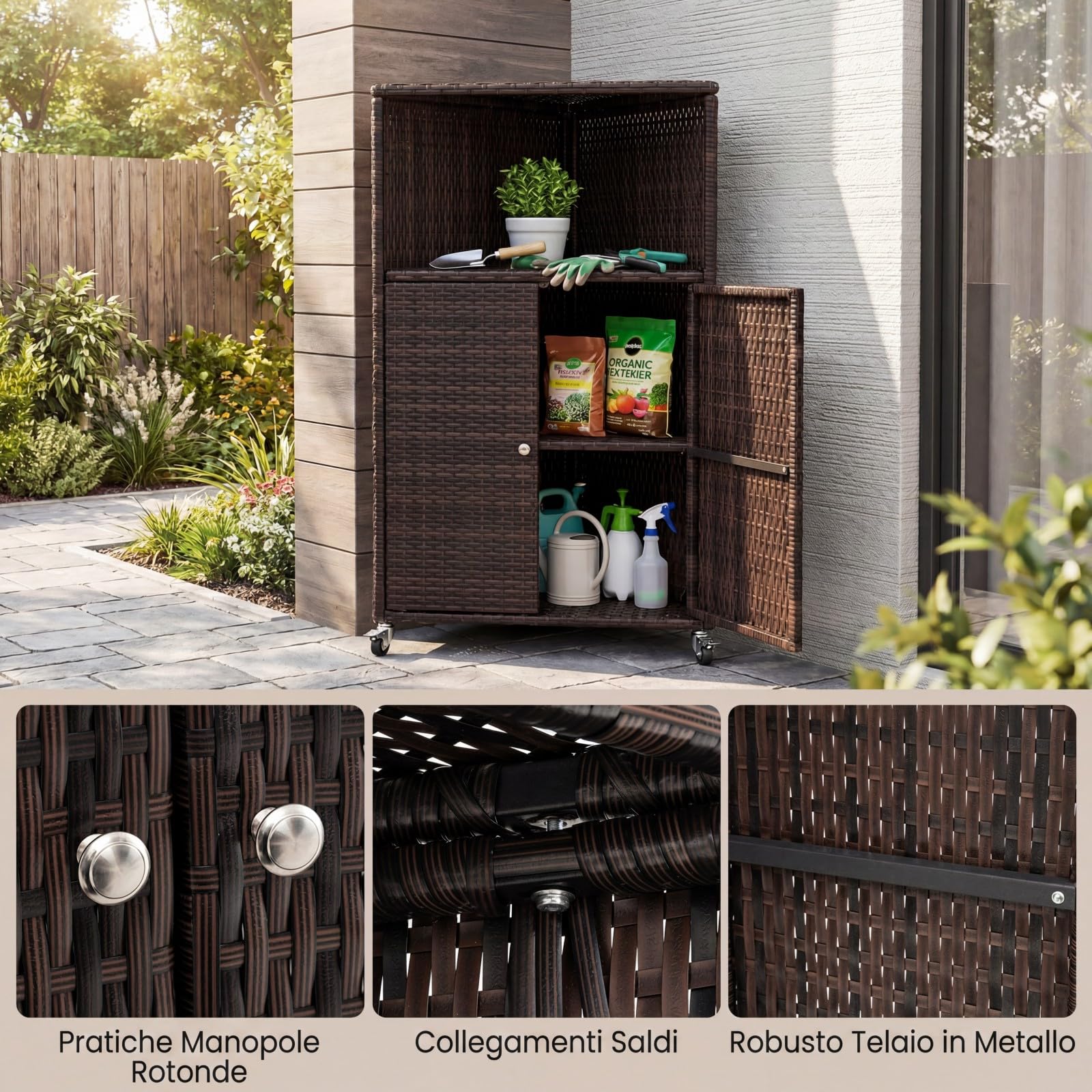 COSTWAY Armadietto da Esterno Angolare, Armadio da Esterno in Rattan PE con Ruote Bloccabili, 2 Ripiani Aperti e 2 Ante, Credenza da Cucina per Giardino, Piscina e Terrazza, 66 x 47 x 111 cm