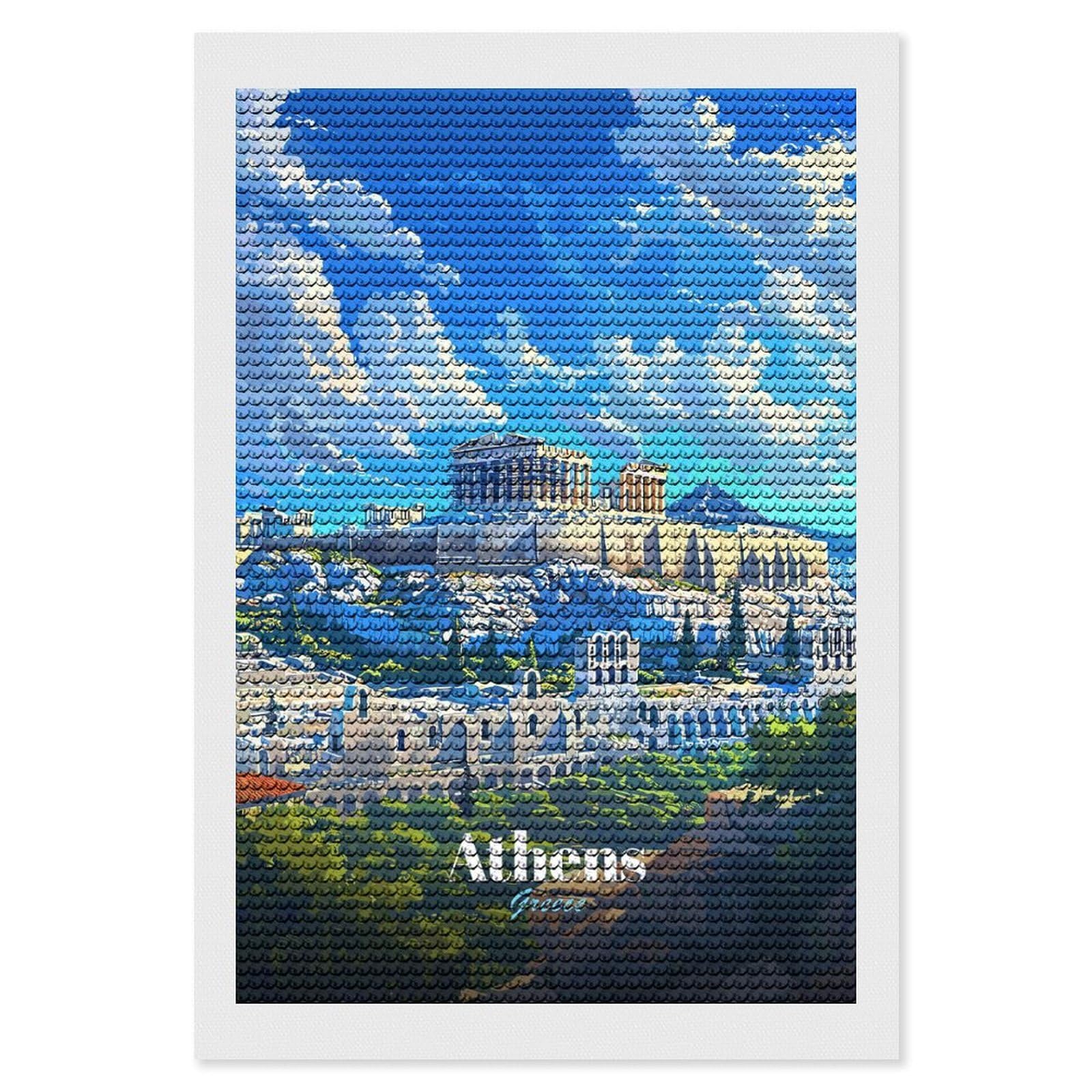 Junmoney Athens, Greece Illustrated Cityscape Diamond Painting Set 8"x12", for Beginners, Modern Decor, Simple to Start, Gift Idea, Pleasing Wall Art Project