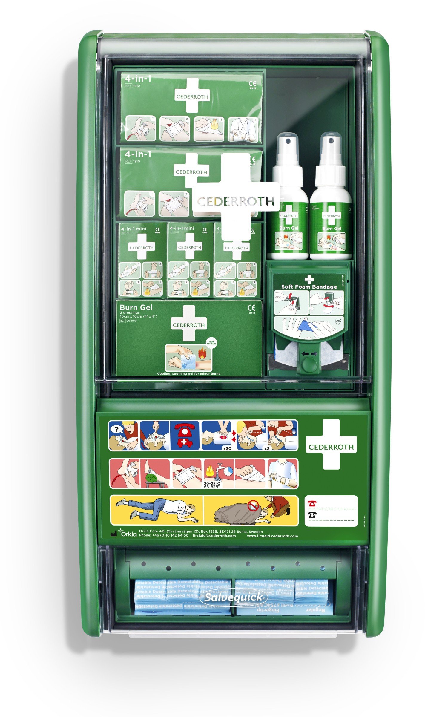 Cederroth Erste Hilfe & Burn Station – Ideal für Hotels, Küchen, Restaurants – sterile Pflaster, Blutstopper Dressings, Brenngel Spray, Schaum-Rollverband, Wundreinigungsmittel