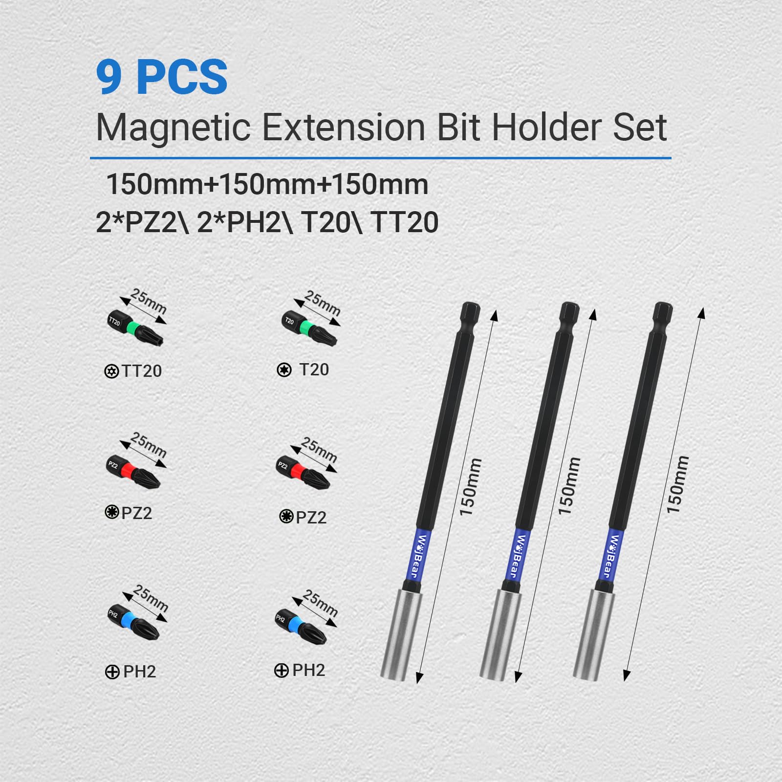 WojBear 3 PCS Magnetic Extension Bit Holder Set, 3 * 150mm Drill Bit Holder for Impact Driver with 6 PCS Screwdriver Bits - Image 2